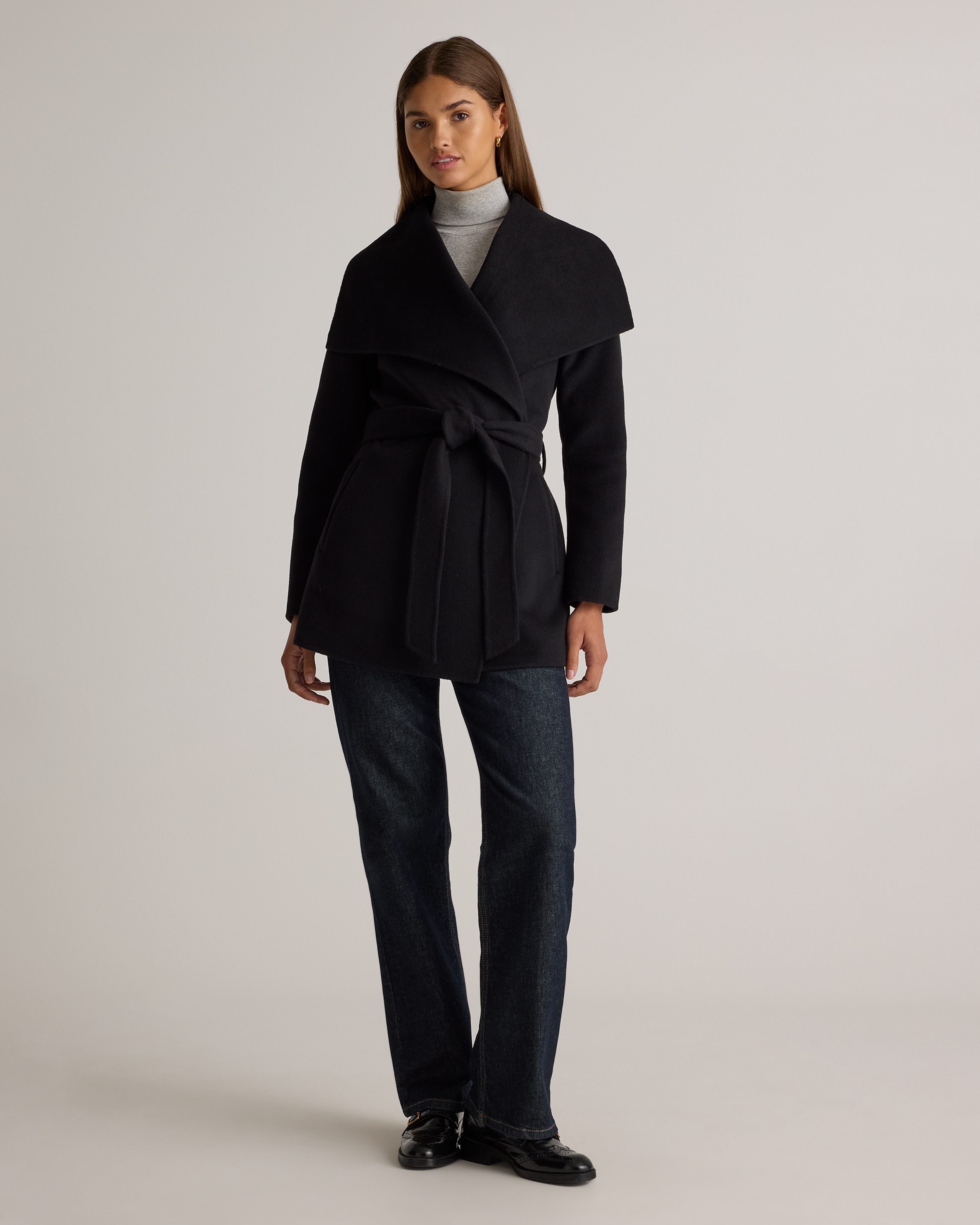 Double-Faced Merino Wool Draped Collar Short Wrap Coat in Black