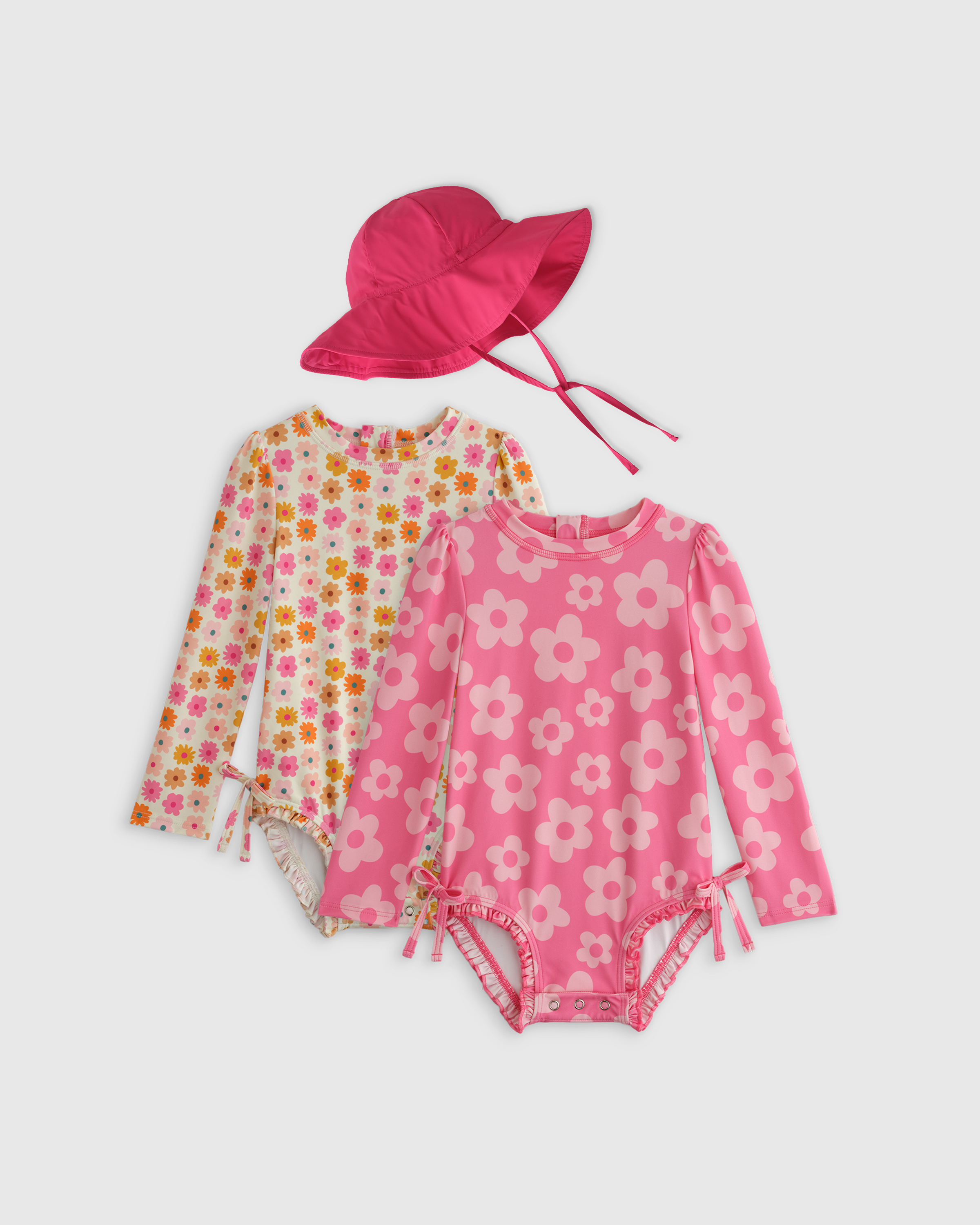 Shop Quince Sunsafe Ruffle One-piece Rash Guard & Hat Set, Size 2t, Recycled Polyester In Pink Daisy/multi Daisy