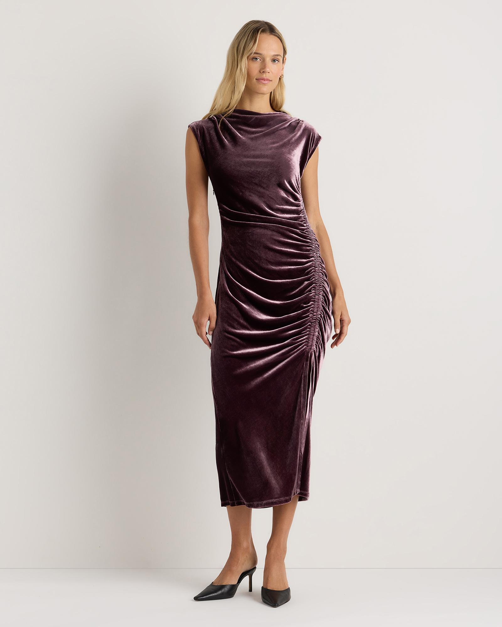Stretch Silk Velvet Ruched Midi Dress