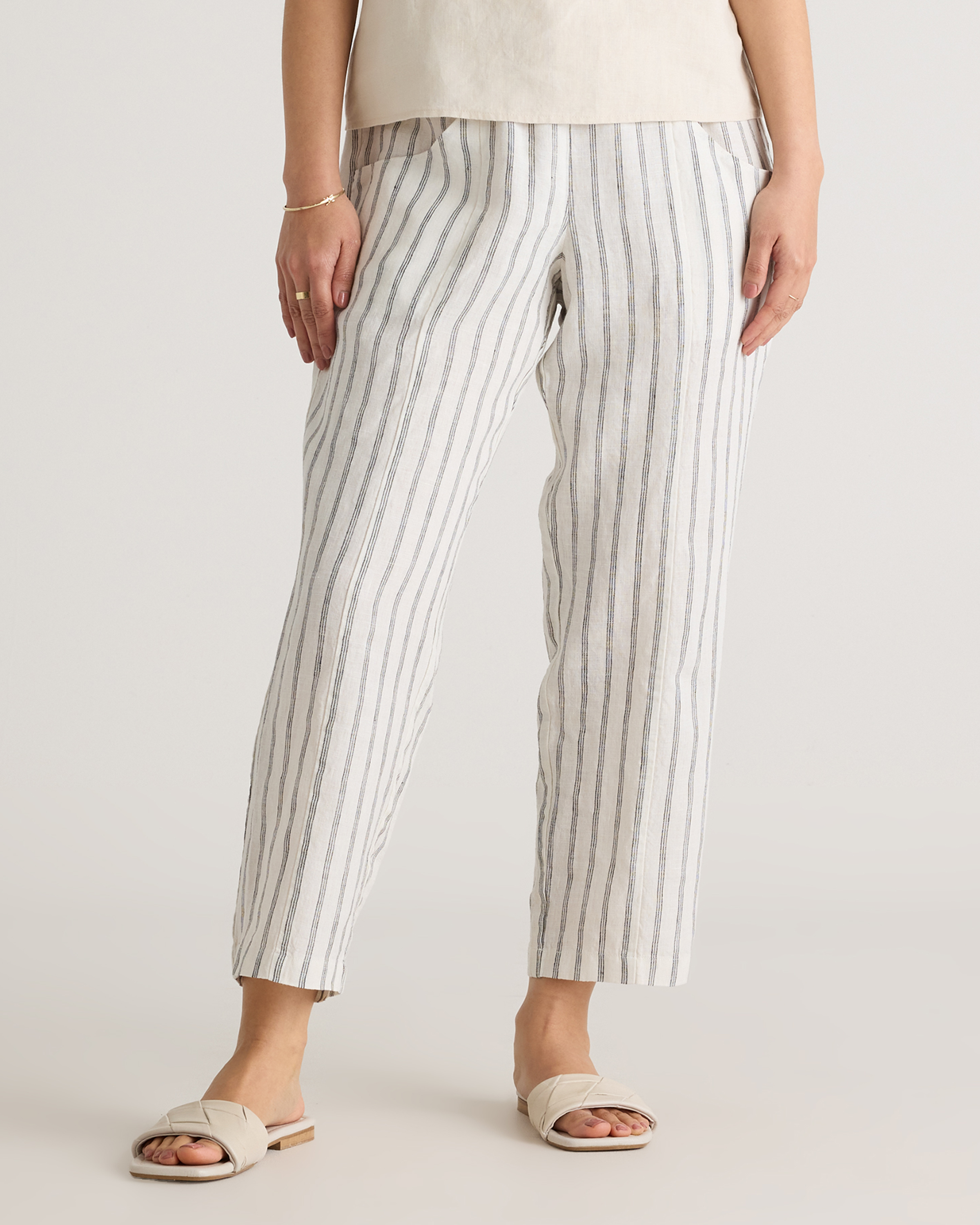 Shop Quince Women's 100% European Linen Tapered Ankle Pants In Oatmeal / Black Stripe