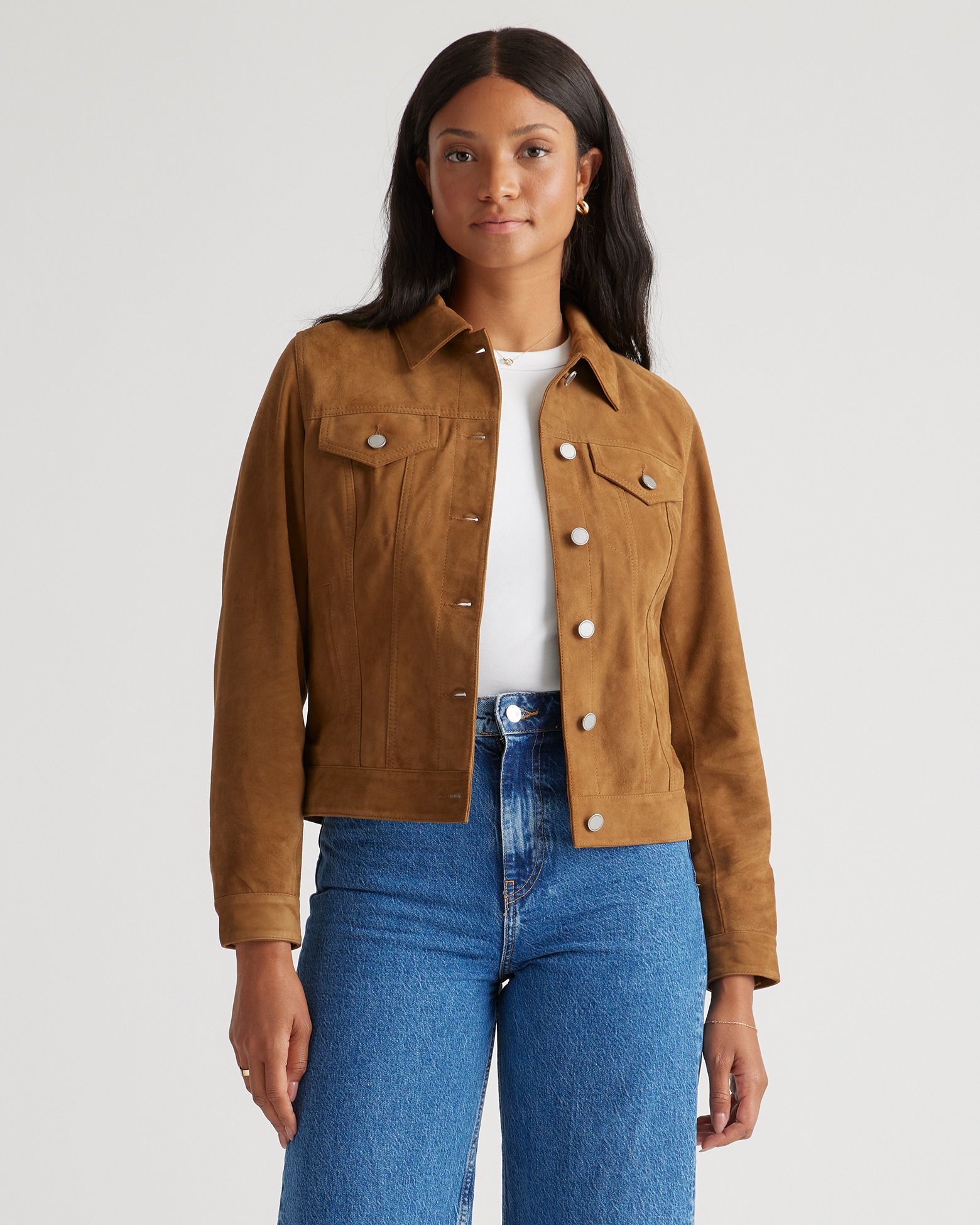 Brown Suede Trucker Jacket with Gingham Shirt