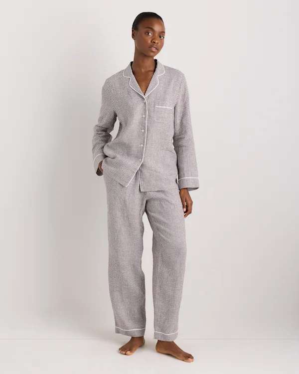 100% European Linen Long Sleeve Pajama Set with Piping