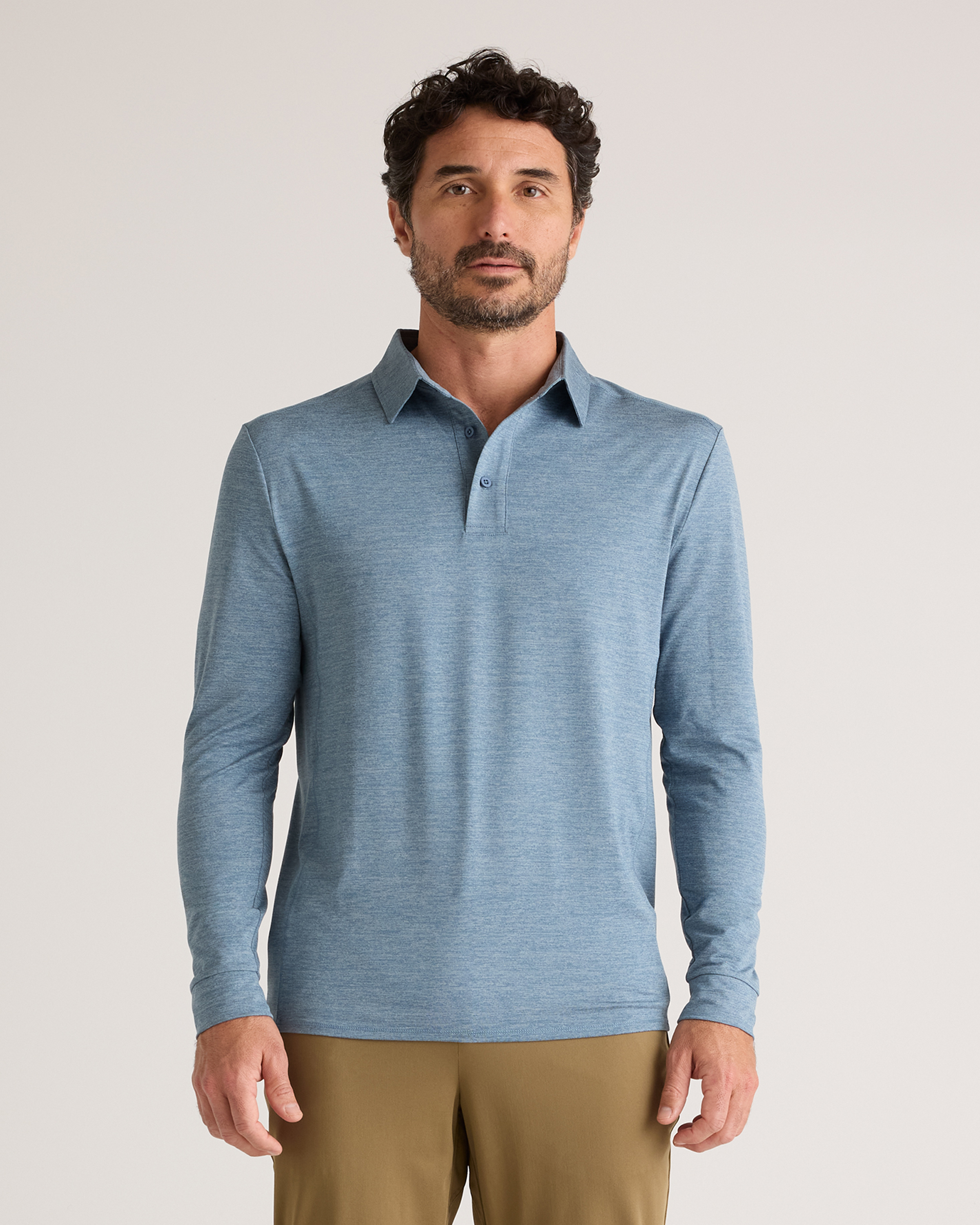 Quince Men's Flowknit Breeze Performance Long Sleeve Polo In Heather Sky Blue