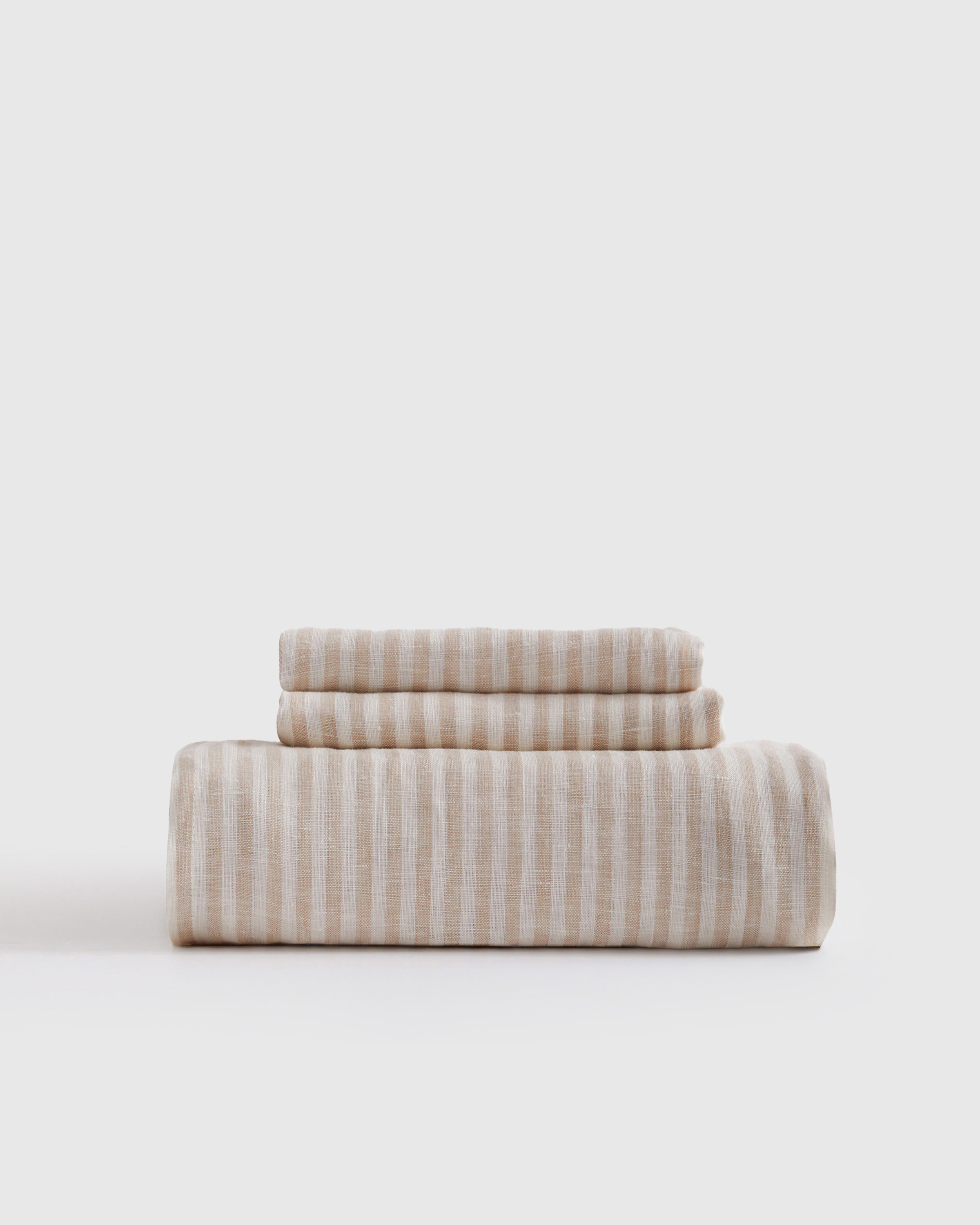 European Linen Stripe Fitted Sheet Set - Willowleaf/White Stripe, King