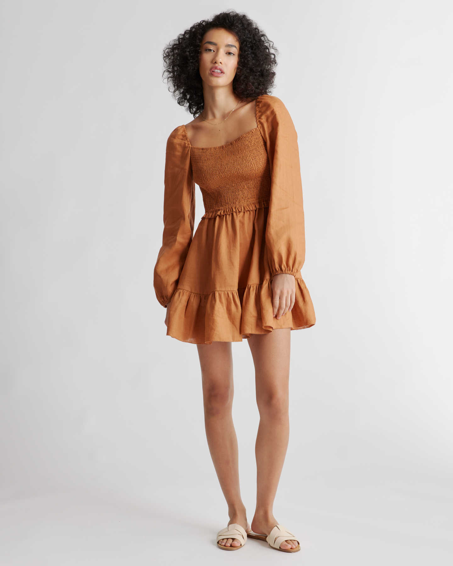 100% European Linen Smocked Mini Dress - Terracotta