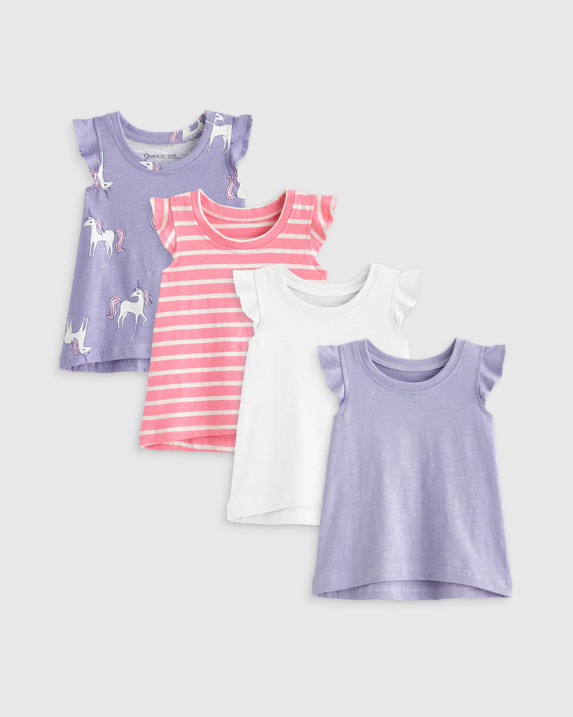 Shop Quince Slub Flutter Sleeve T-shirt 4-pack In Lilac Unicorn/pink Stripe