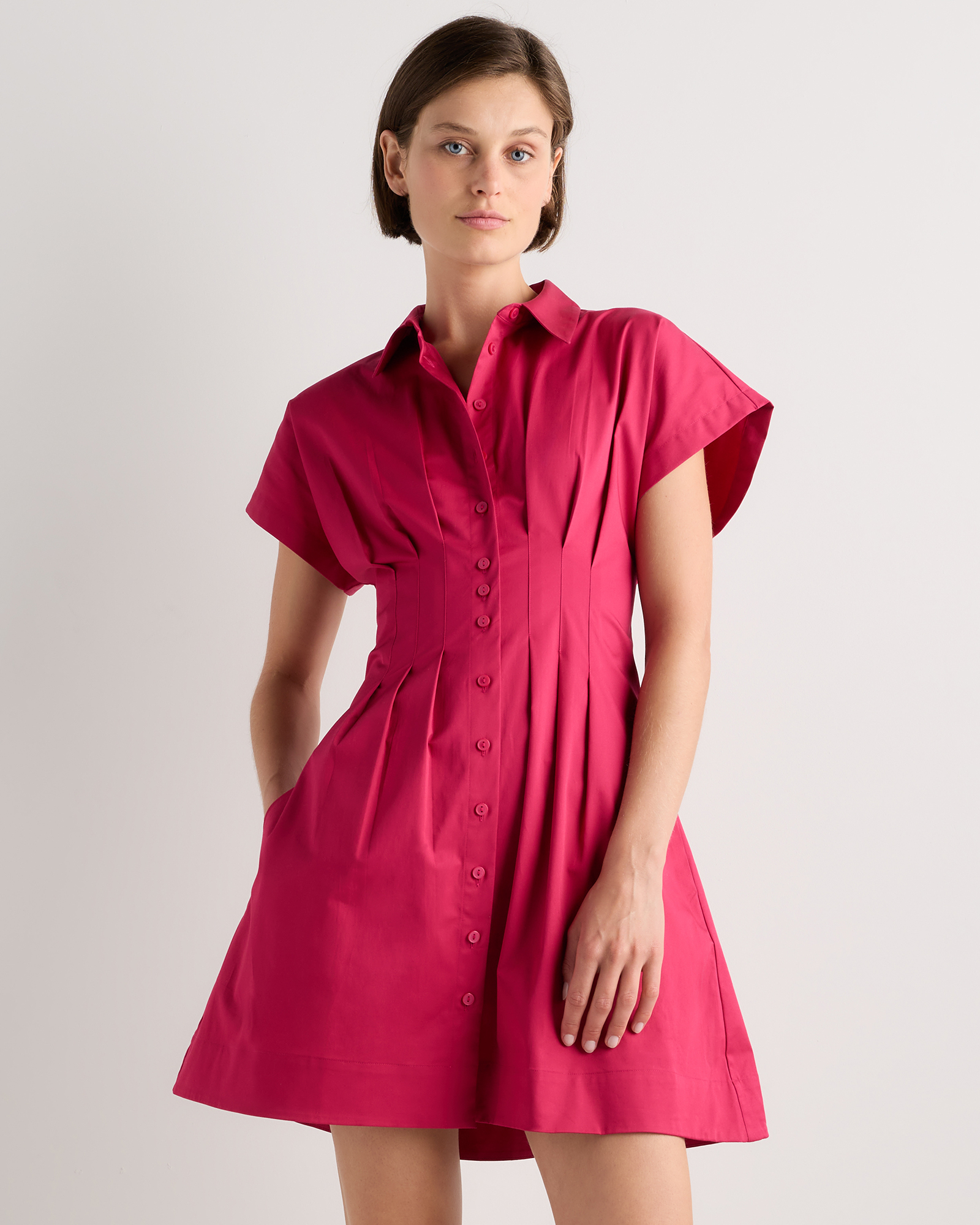 Stretch Twill Pleated Mini Shirt Dress