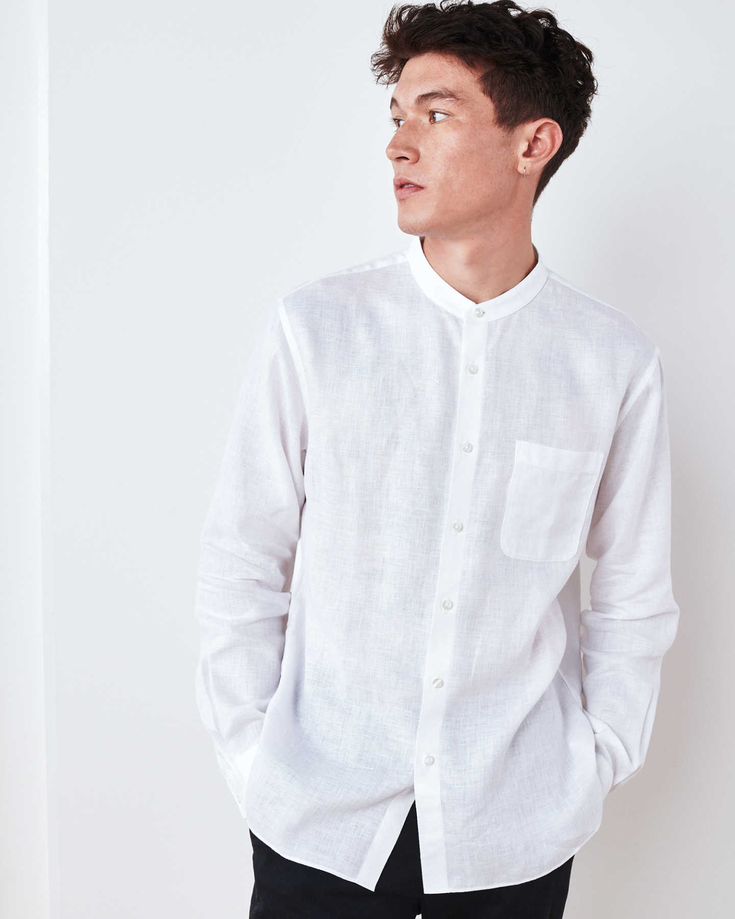 Band Collar Wrinkle-free Linen Shirt - White