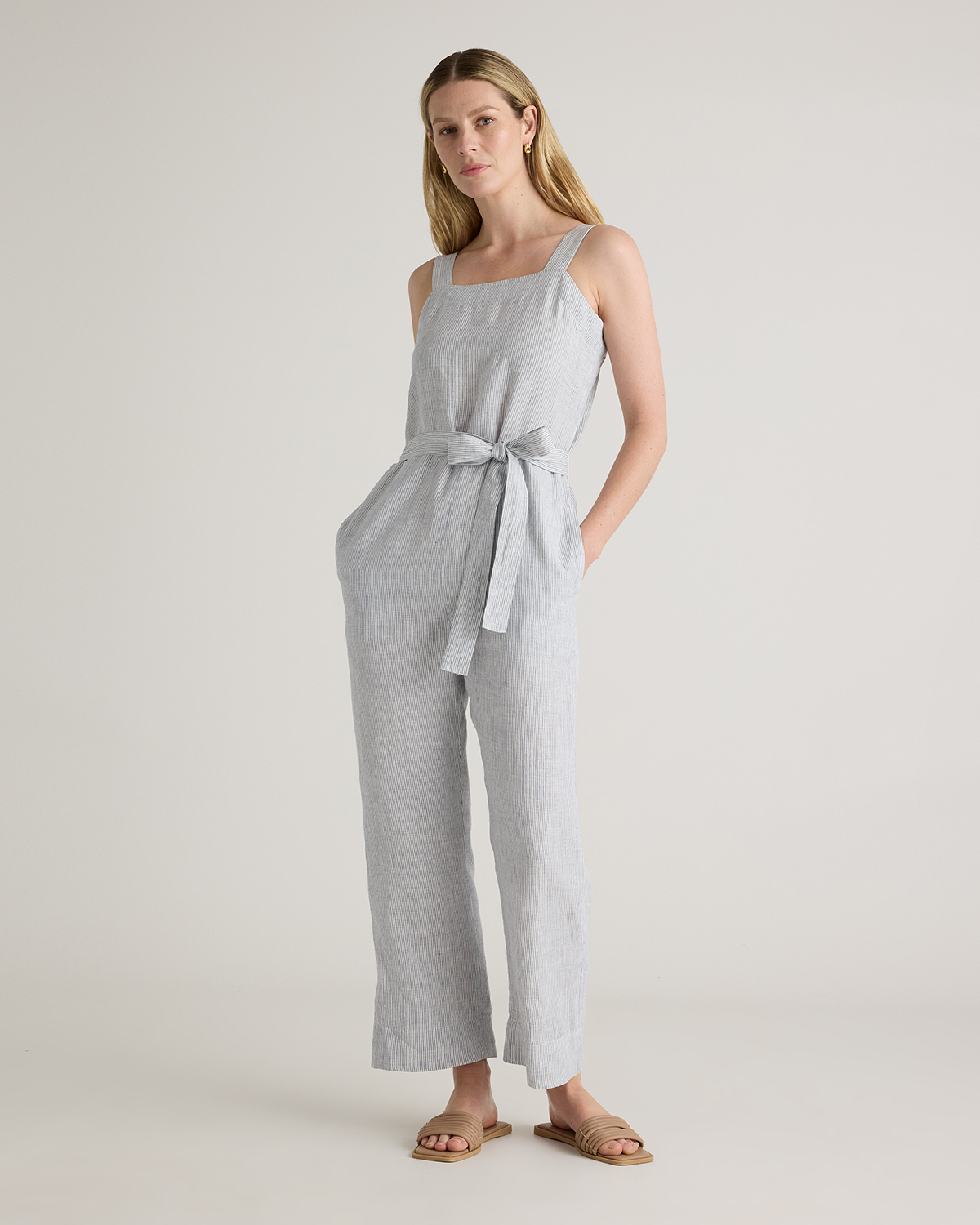 Shop Quince Women's 100% European Linen Square Neck Jumpsuit In Blue Pinstripe