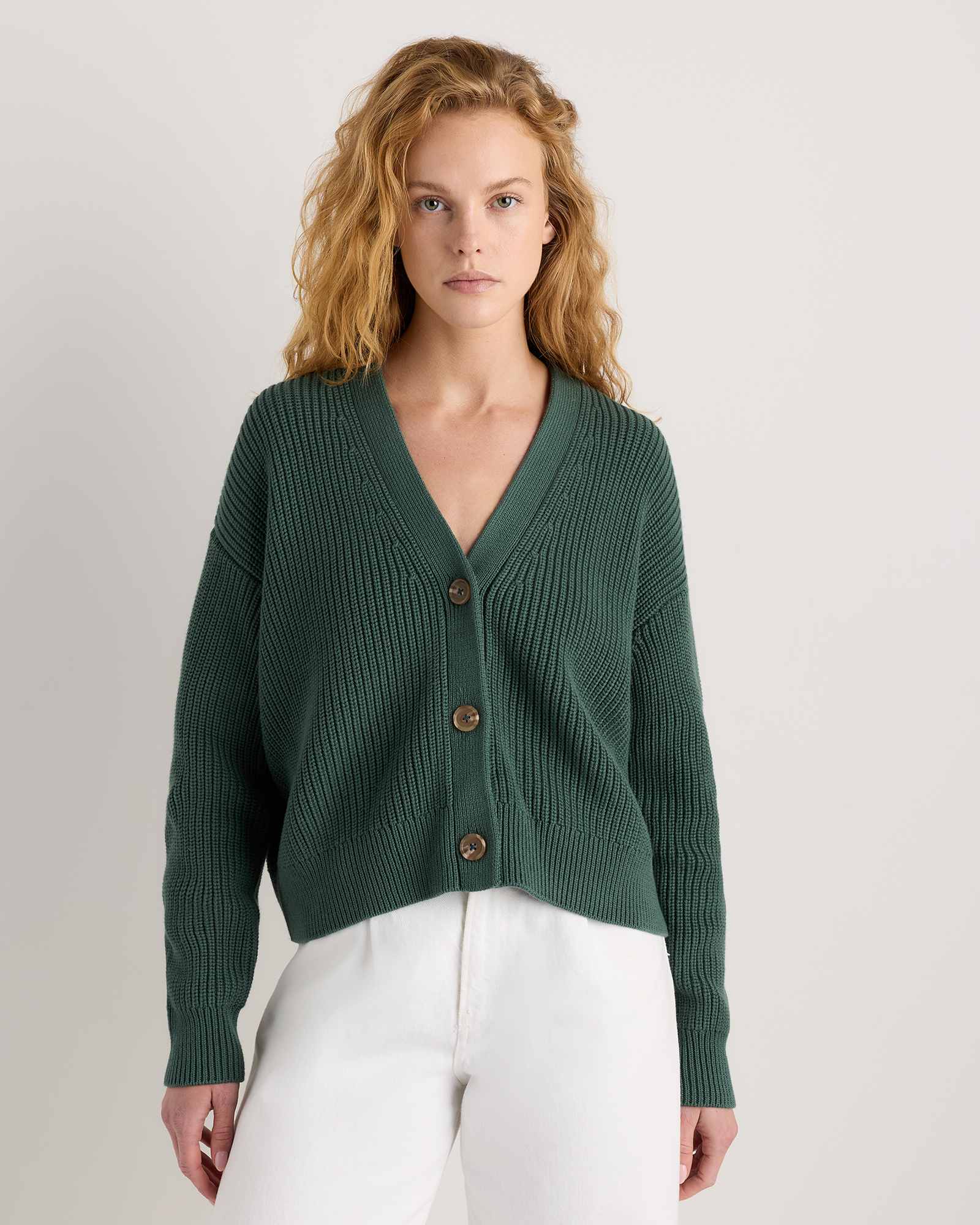 100% Organic Cotton Fisherman Boxy Cropped Cardigan in Big Sur Green