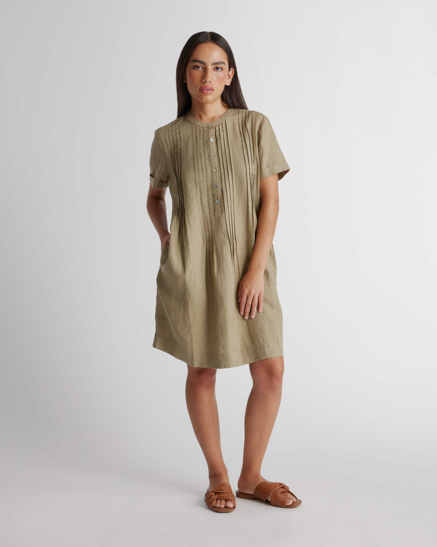100% European Linen Short Sleeve Swing Dress  - Olive - 4