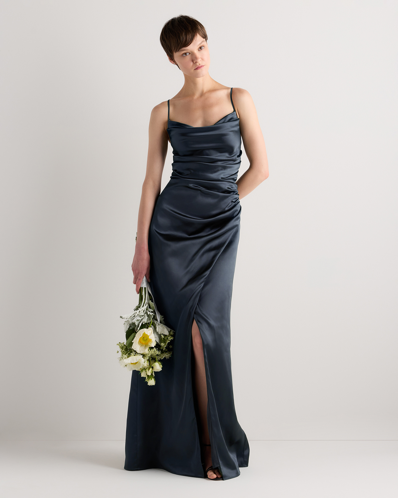 Juliette Stretch Satin Dress in Forest Green