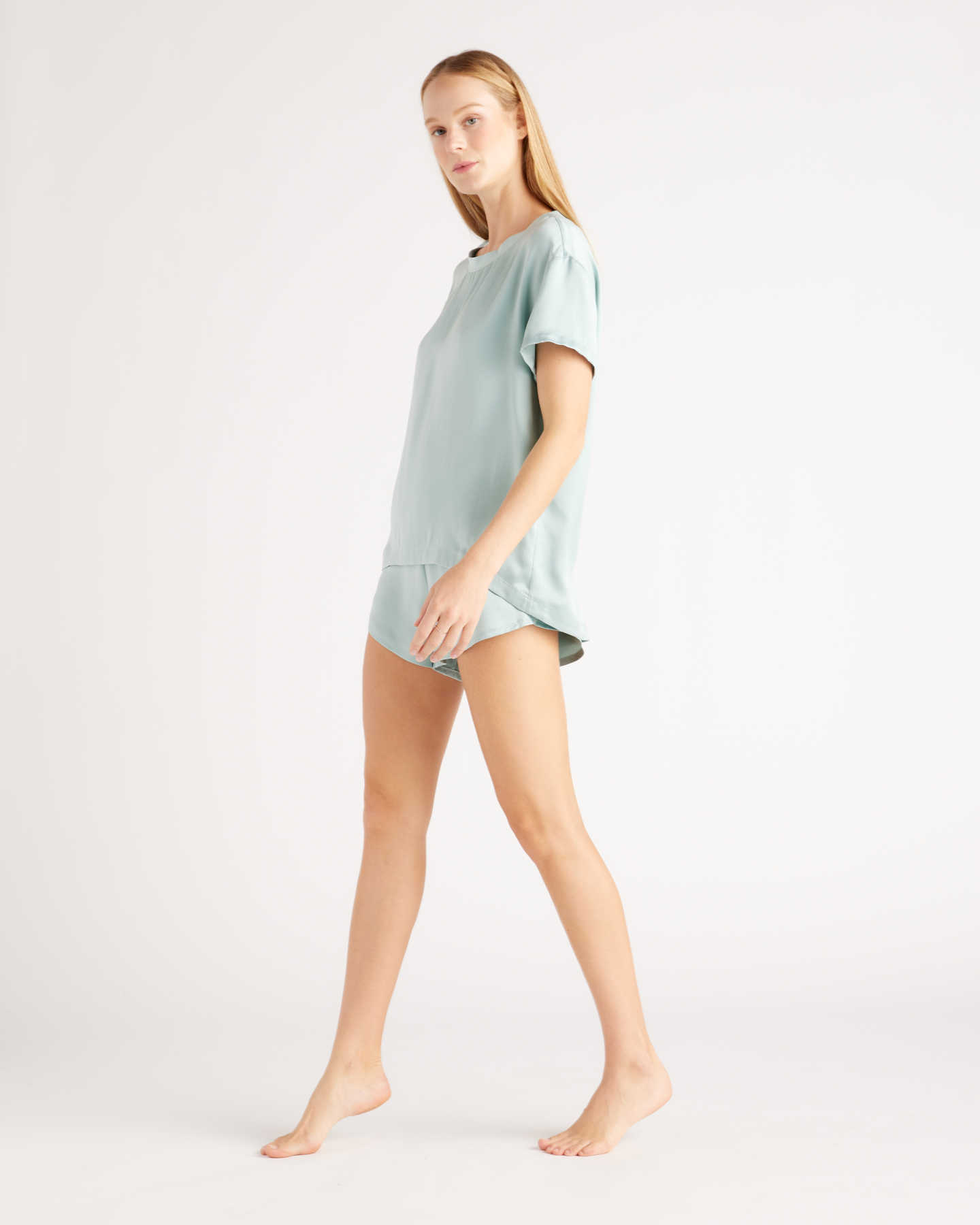 100% Washable Silk Tee & Shorts Pajama Set - Mist - 2 - Thumbnail