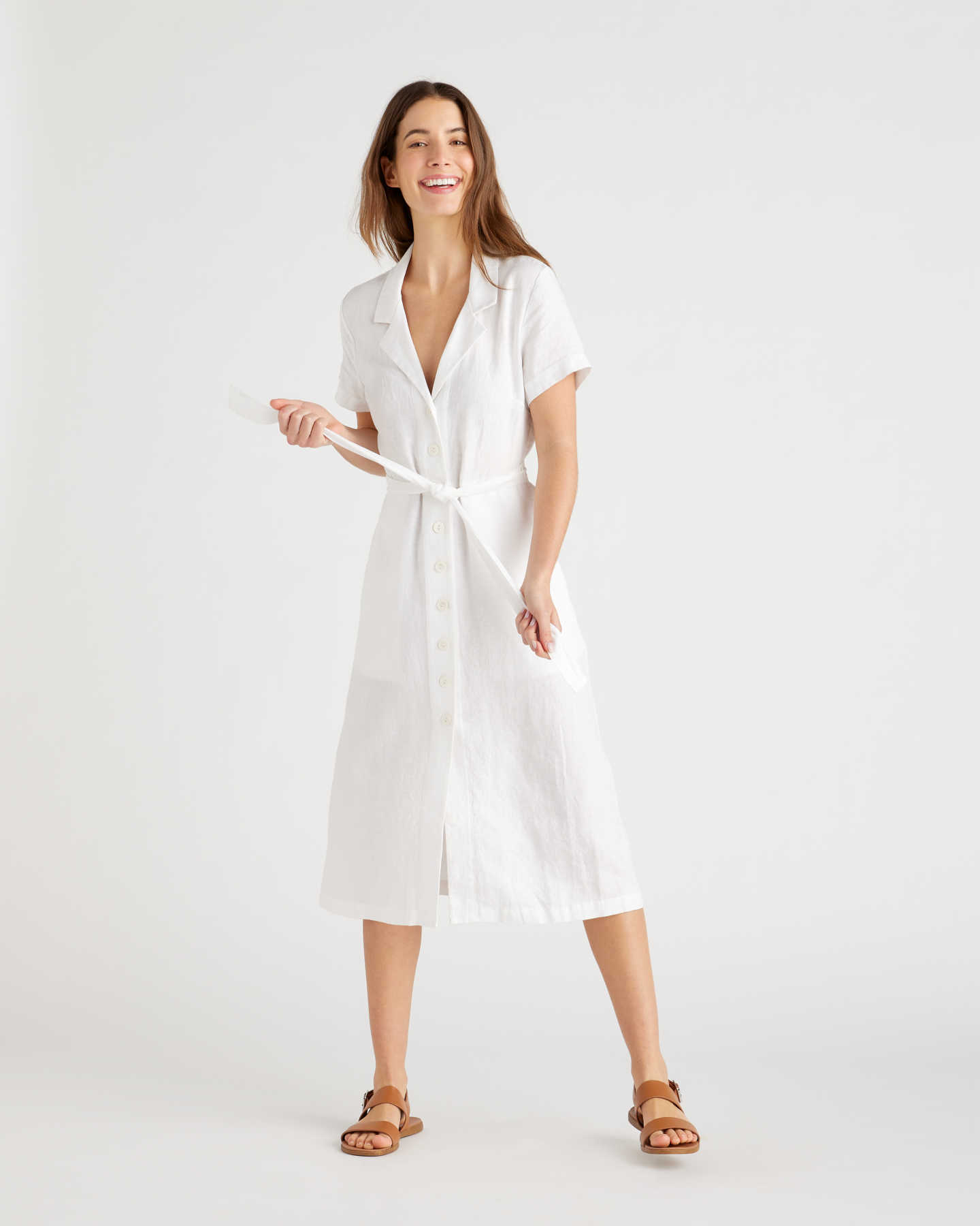 100% European Linen Button Front Dress - White