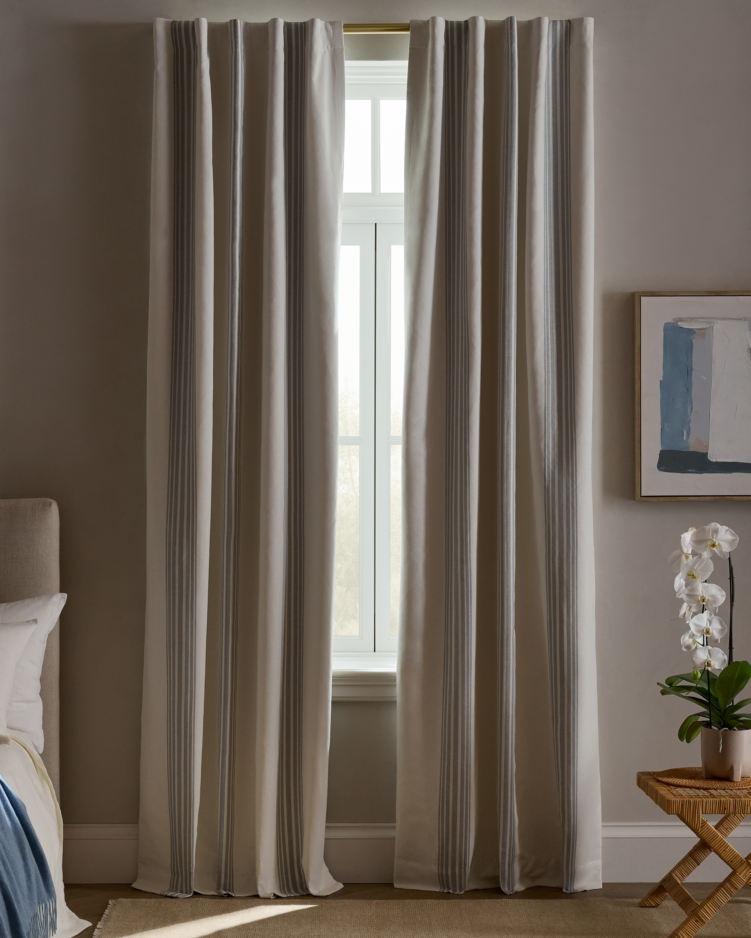 Coastal Stripe Linen Cotton True Blackout Curtain in Ivory/Sage Green