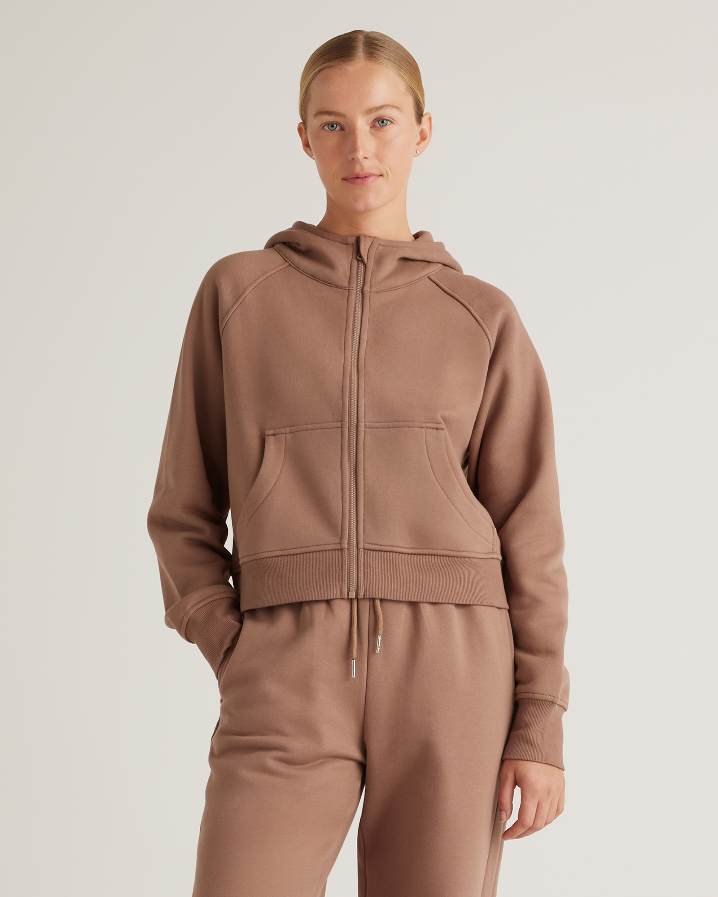 Shop Quince Women's Organic Heavyweight Fleece Cropped Full Zip Hoodie In Taupe