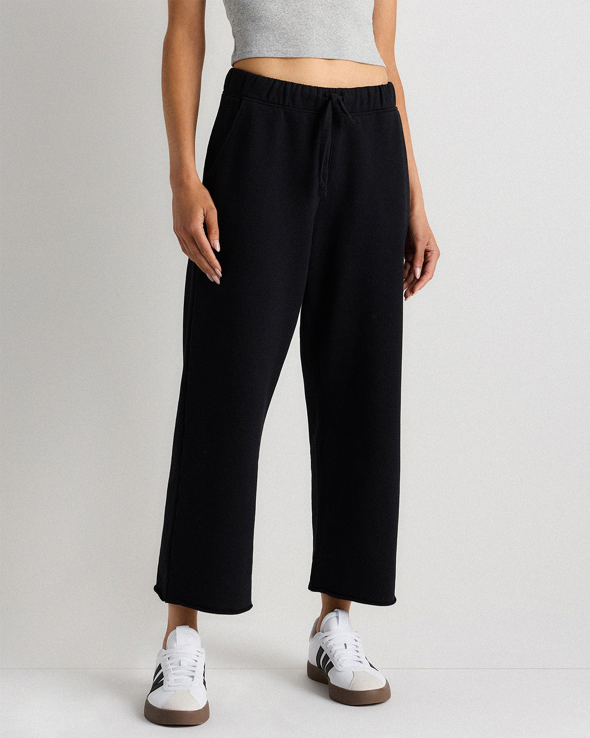 Organic French Terry Cropped Wide Leg Pants in Bold Black