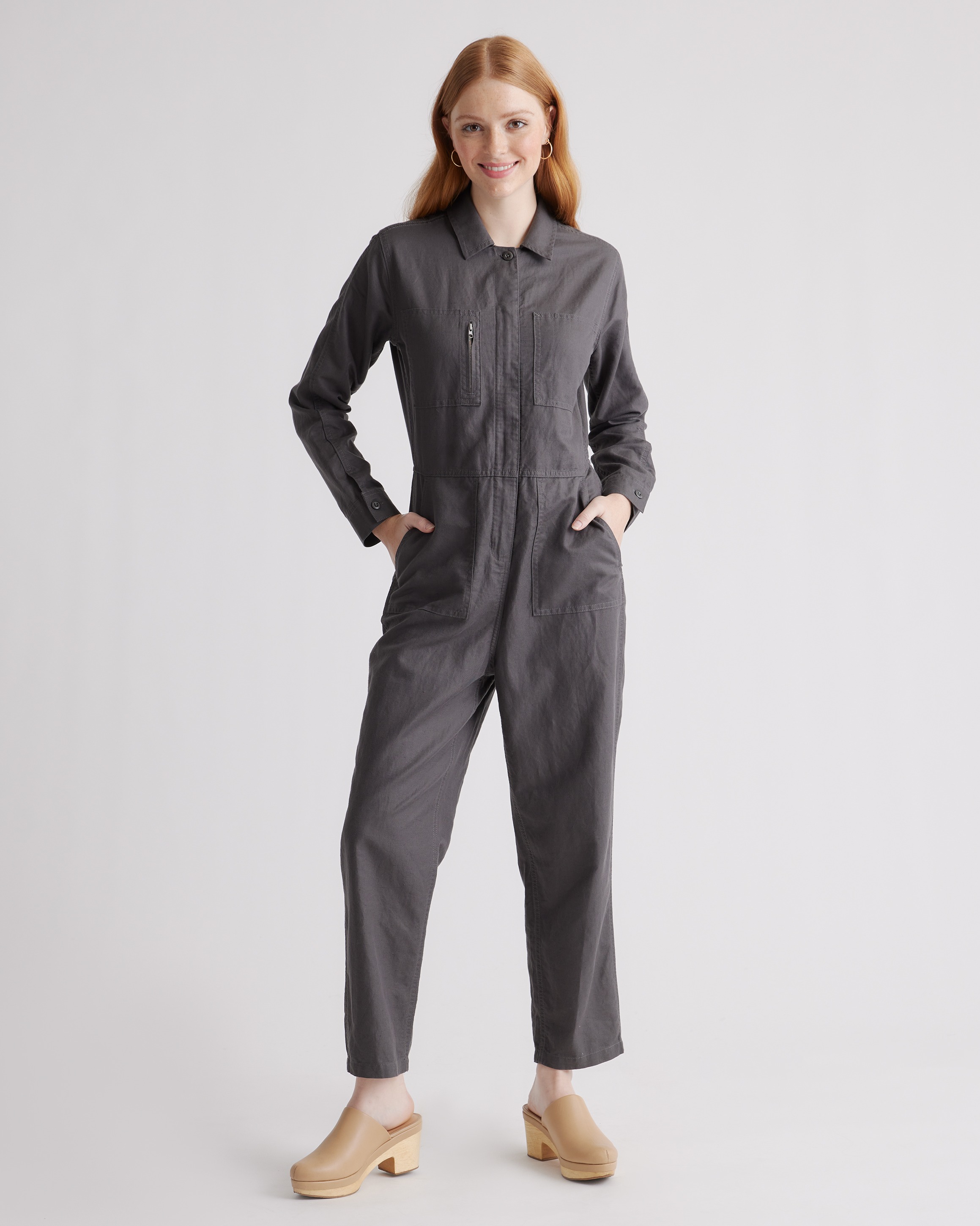 Cotton Linen Twill Long Sleeve Coverall Jumpsuit