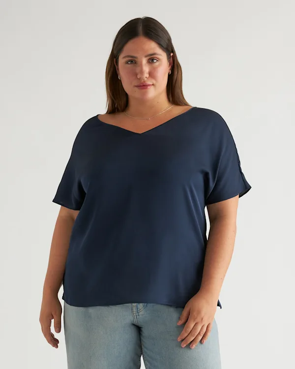 Washable Stretch Silk Reversible V-Neck Blouse