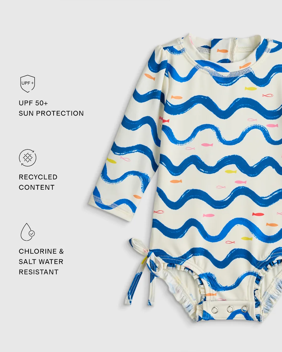 U--868 BABY Long Sleeve Tie One-Piece Swimsuit Wavy Fish 29434 EDITED
