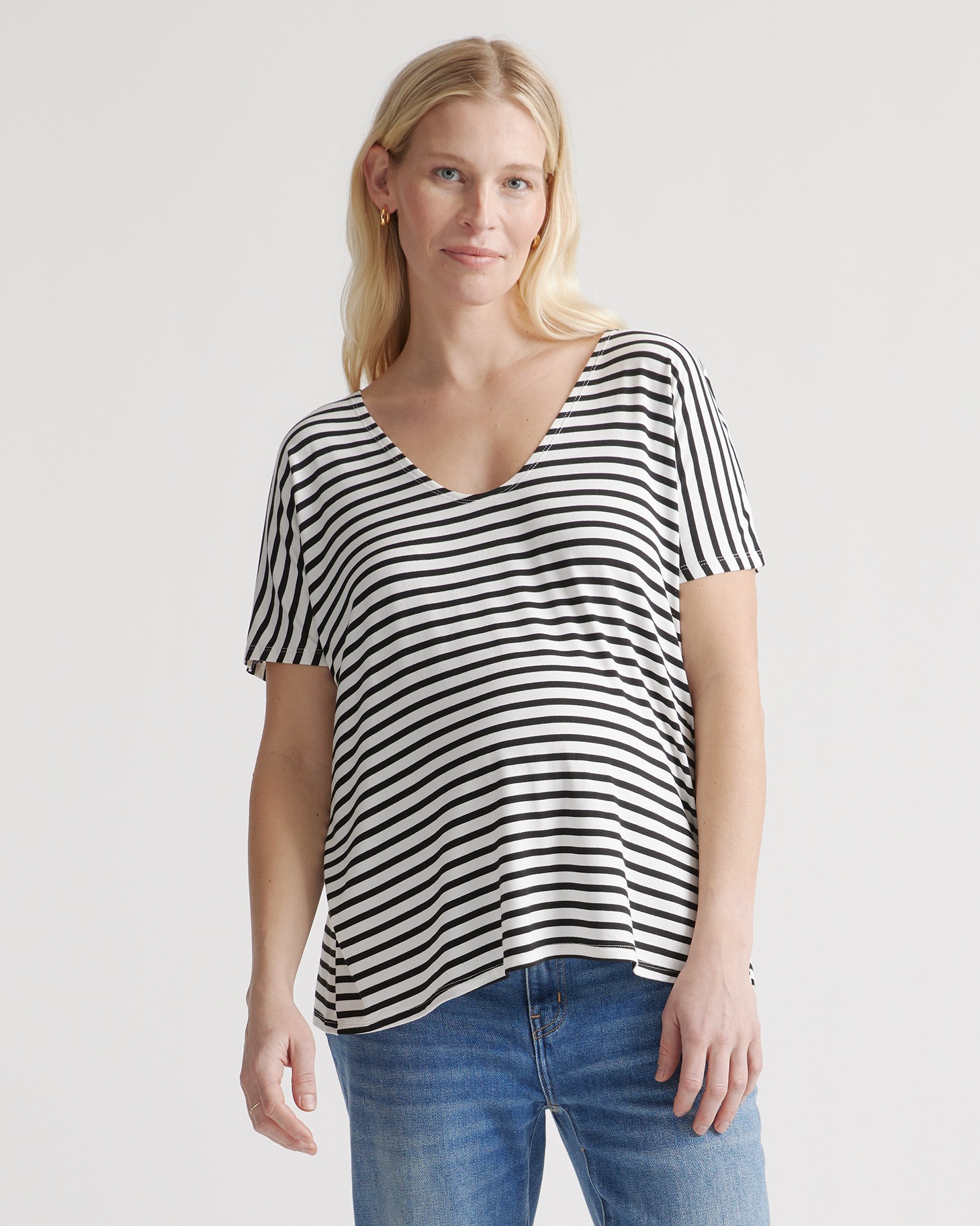 Women's Bamboo Jersey Maternity V-Neck T-Shirt 2-Pack in Black/Black White Stripe, Size Large by Quince