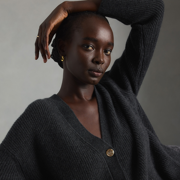 Mongolian Cashmere Fisherman Cropped Boxy Cardigan Sweater in Black