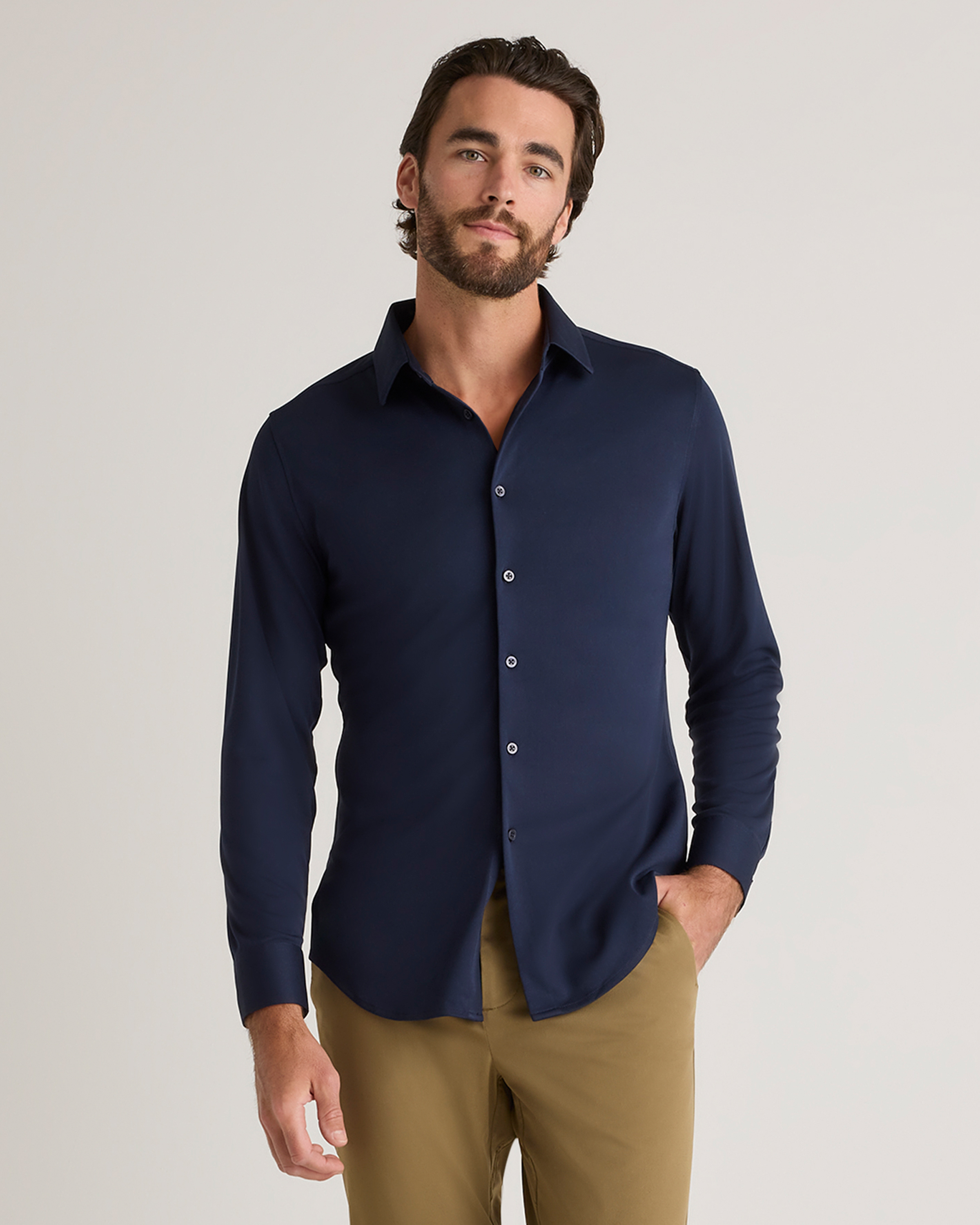 Shop Quince Men's Commuter Stretch Pique Long Sleeve Button Down In Navy