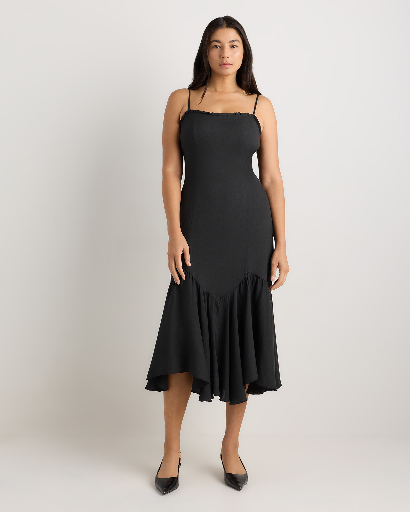 Lightweight Crepe Pleated Hem Midi Dress
