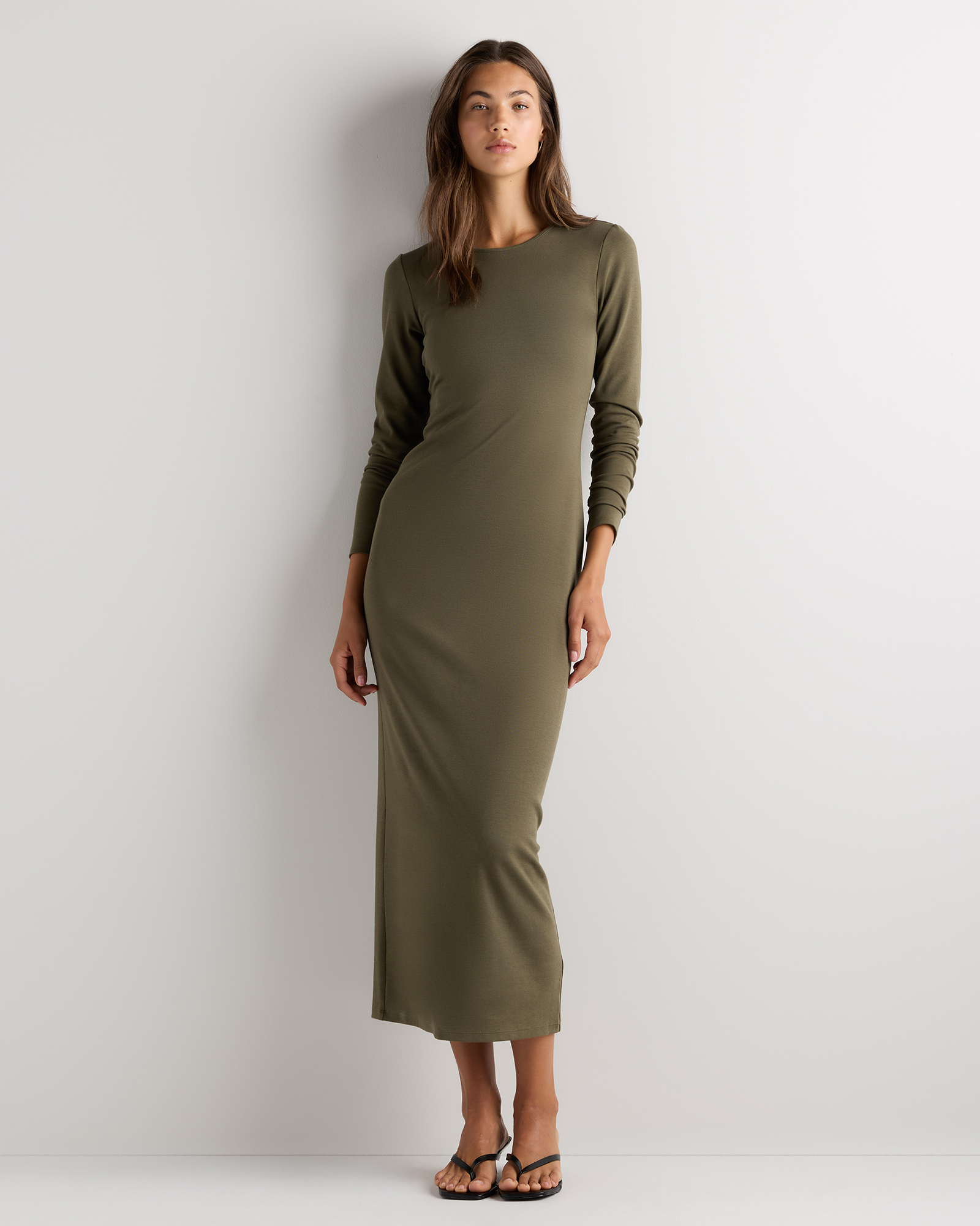 olive green long sleeve midi dress It's In The Air Olive Green Floral 3/4 Sleeve Midi Dress