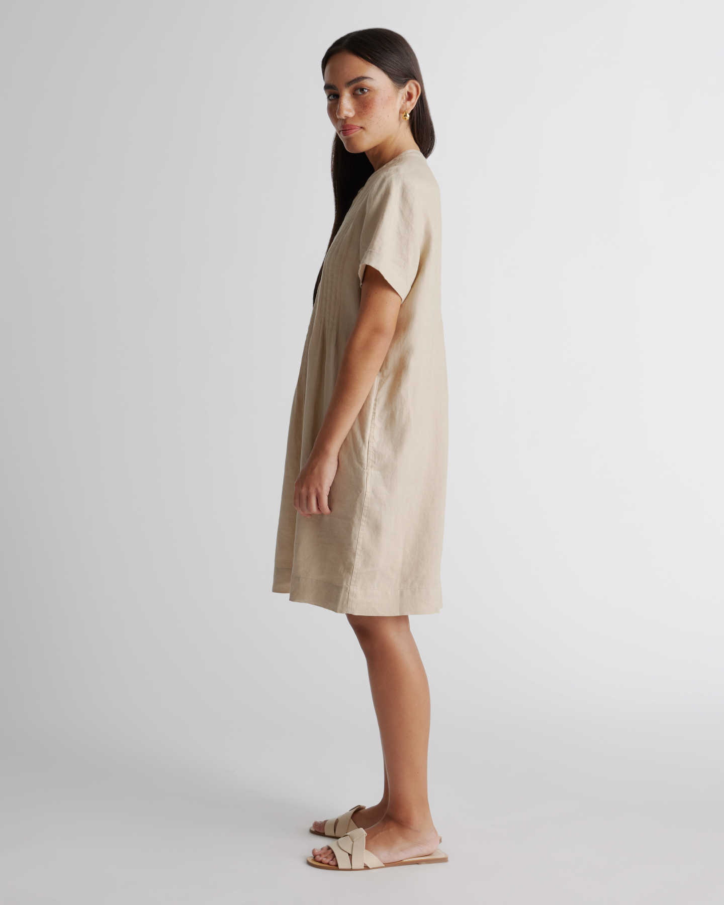 100% European Linen Short Sleeve Swing Dress  - Driftwood - 5 - Thumbnail