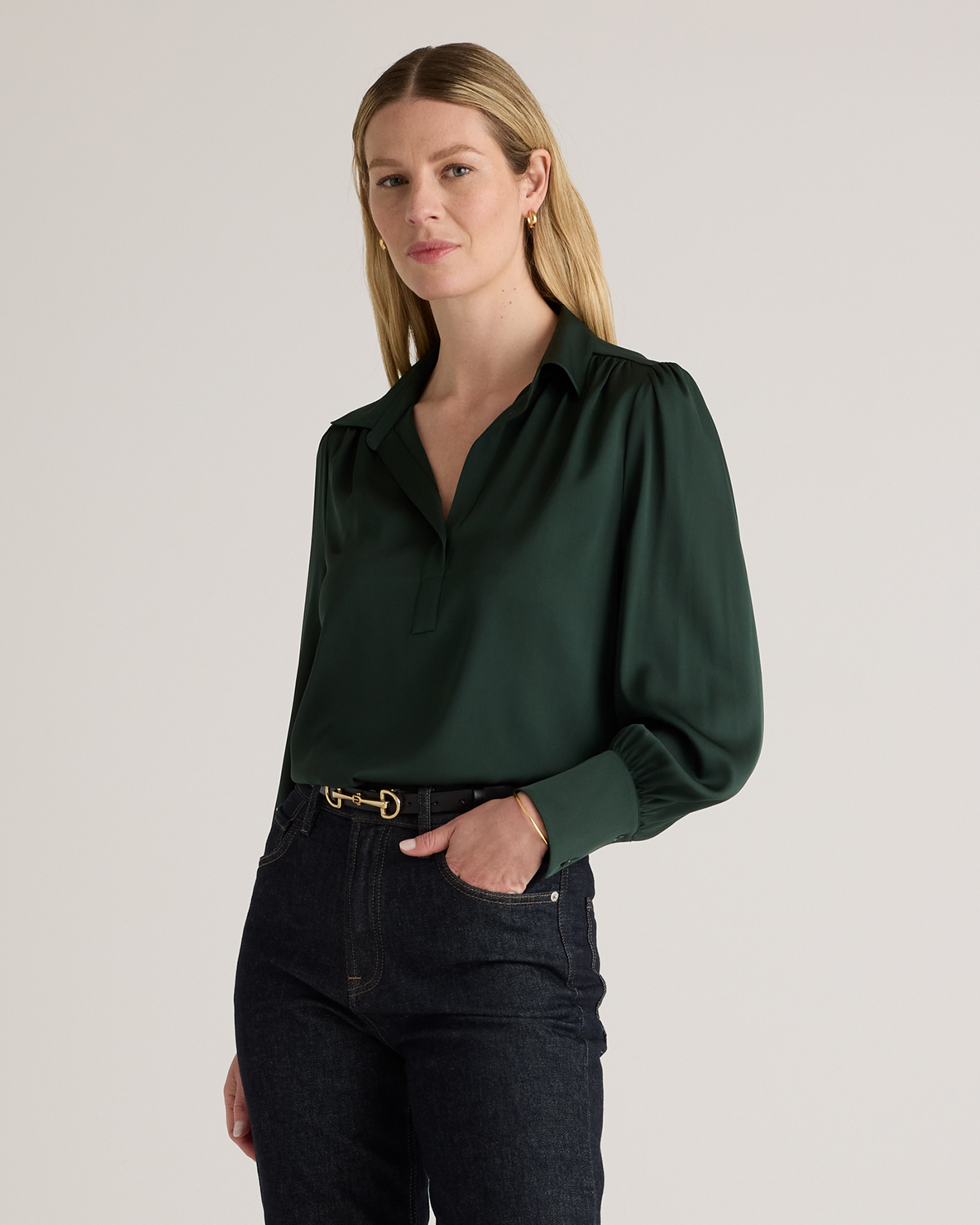Quince Women's Washable Stretch Silk Split Neck Blouse In Forest Green