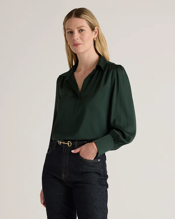 Washable Stretch Silk Split Neck Blouse 