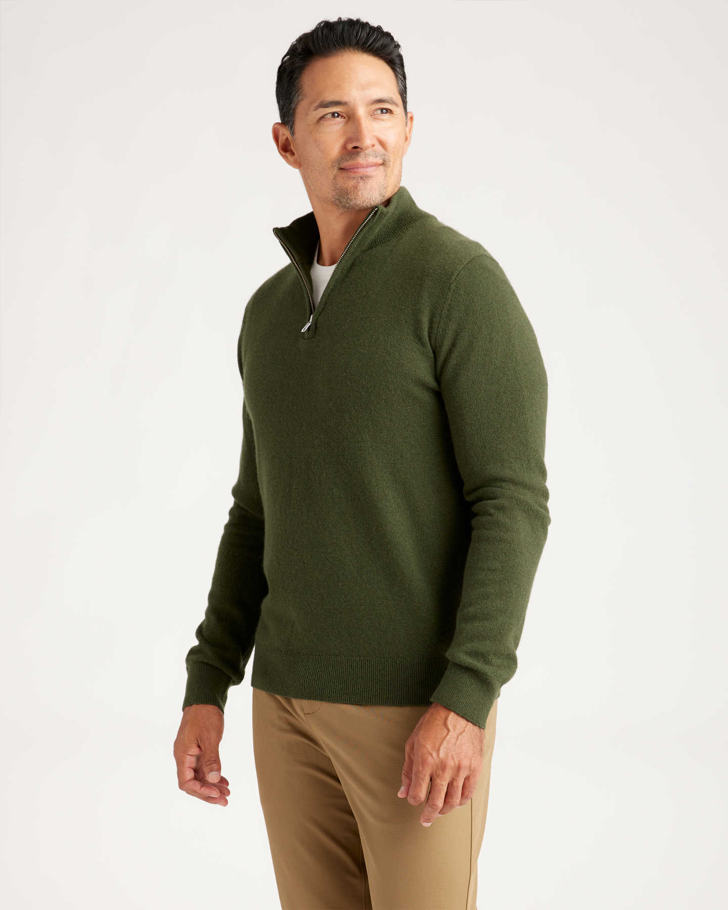 Mongolian Cashmere Quarter Zip Sweater - Olive - 5 - Thumbnail