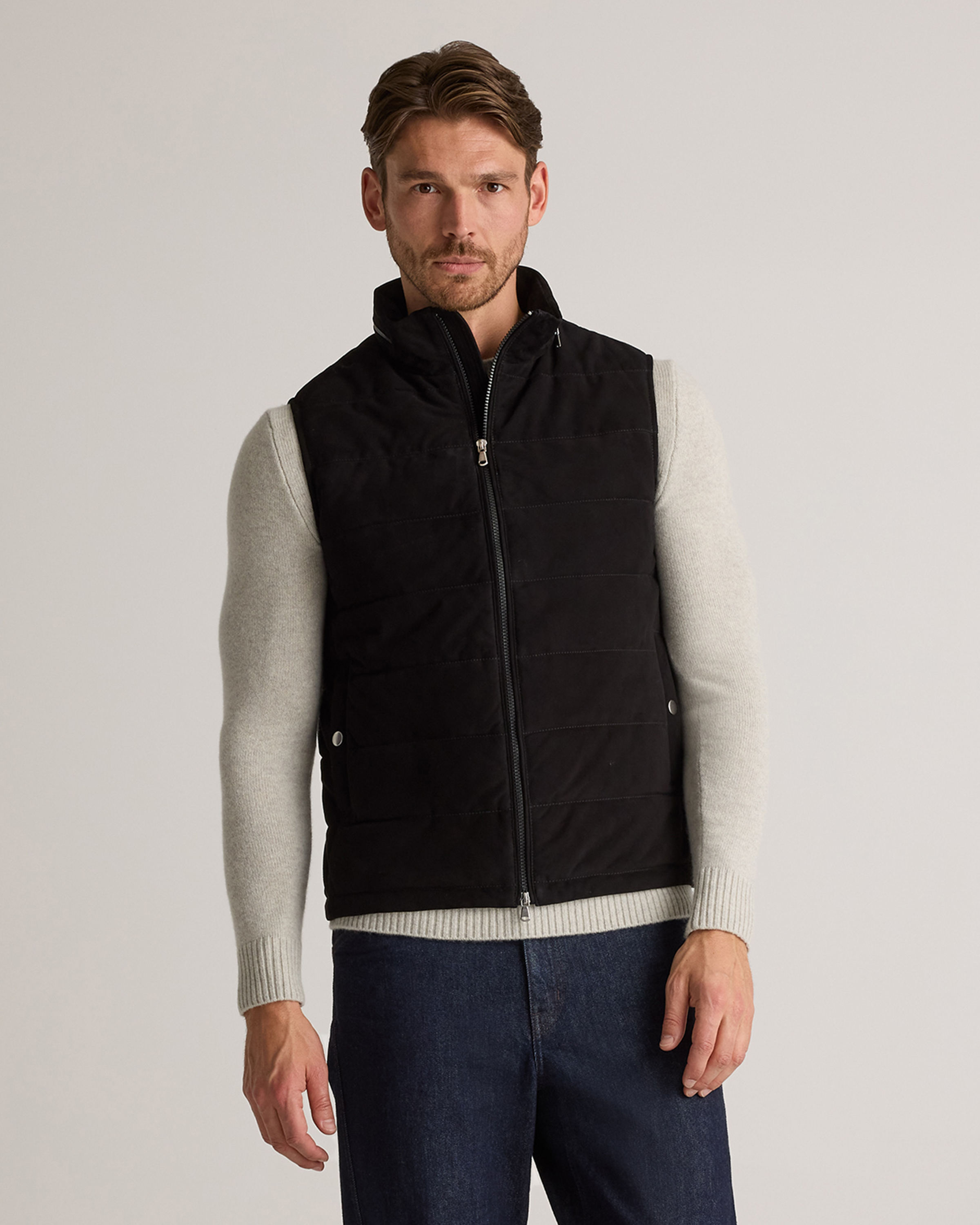 100% Suede Puffer Vest in Black