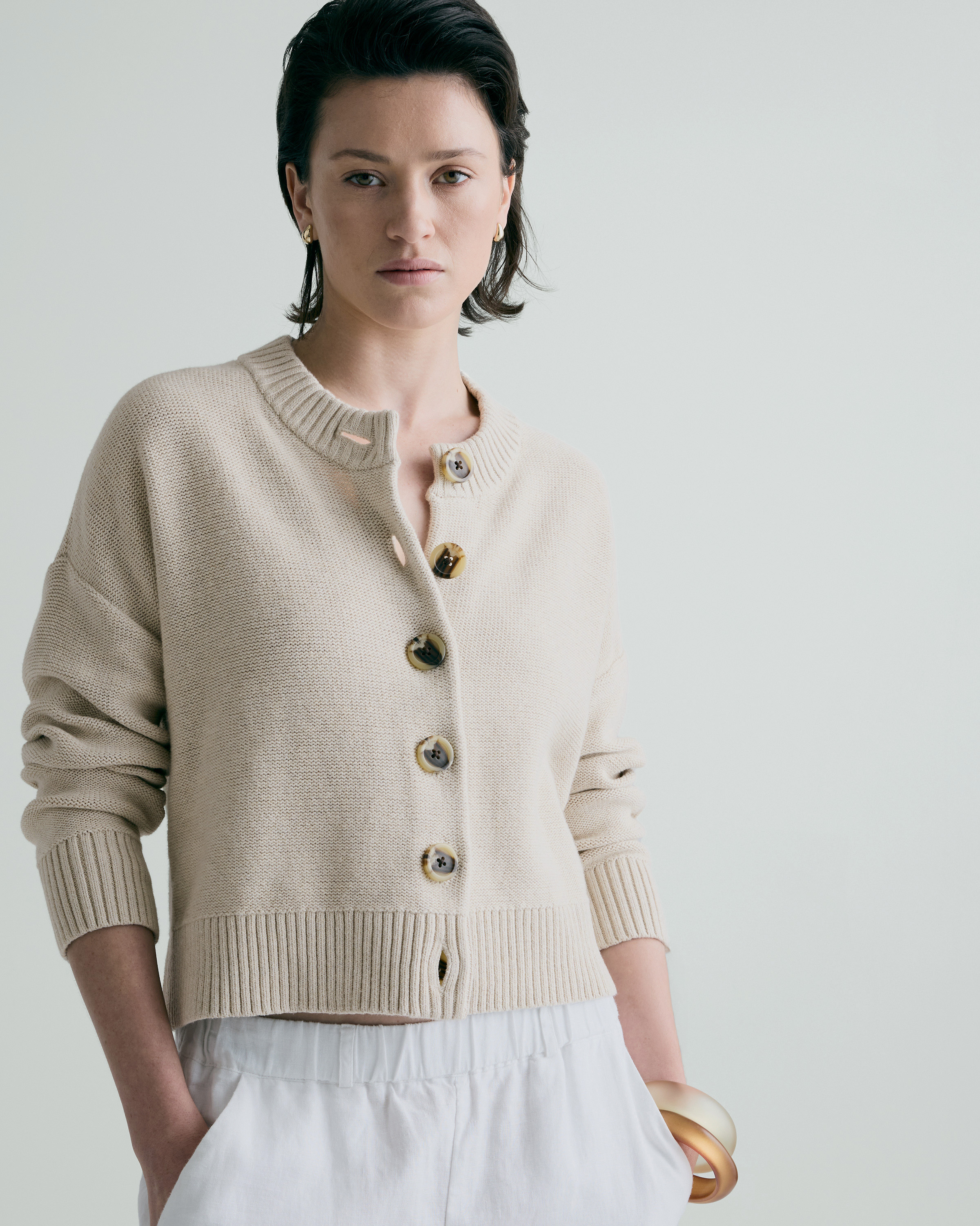 100% Organic Cotton Cropped Cardigan in Camel
