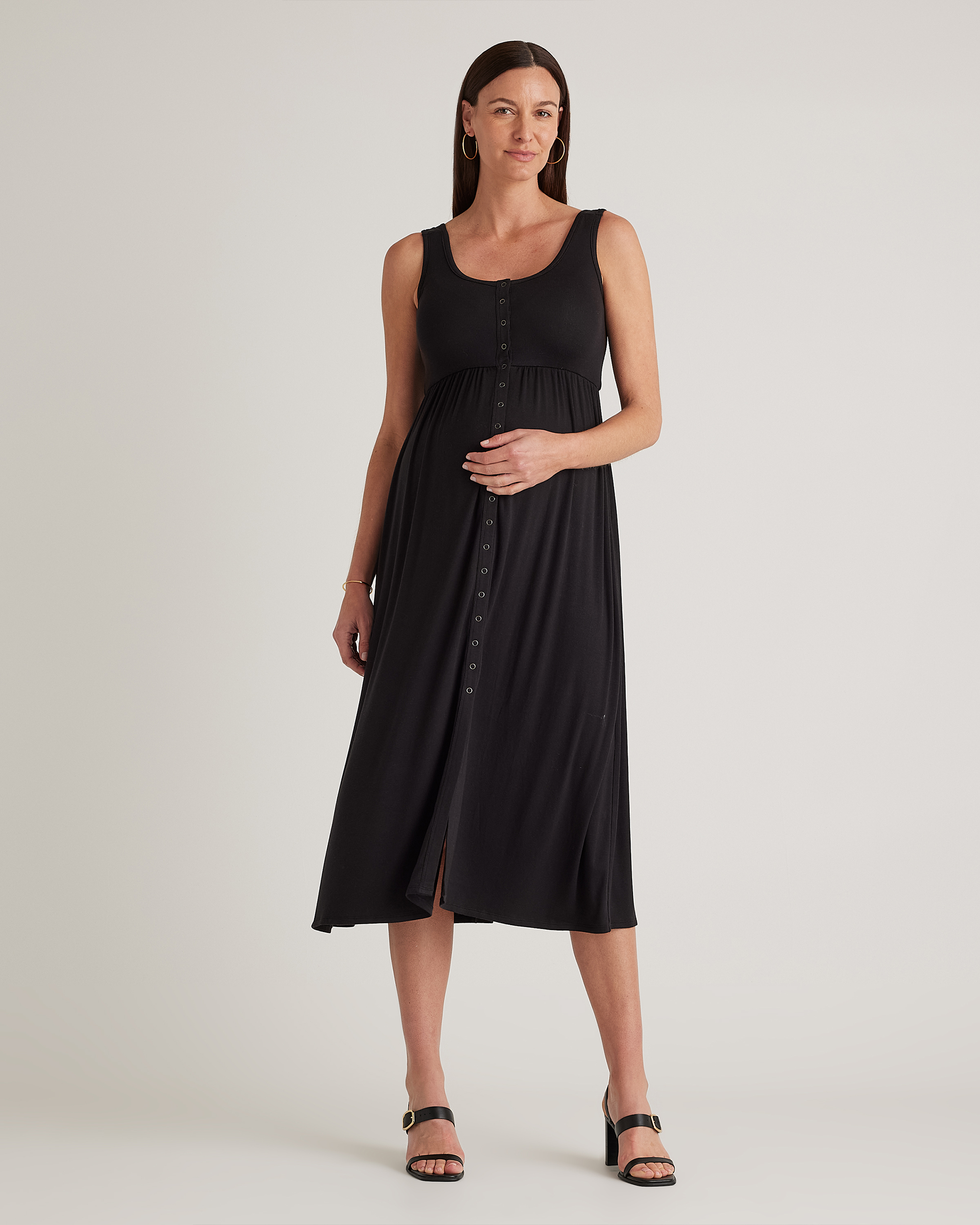 Quince Women's Tencel Rib Maternity & Nursing Button Front Tank Top Dress In Black