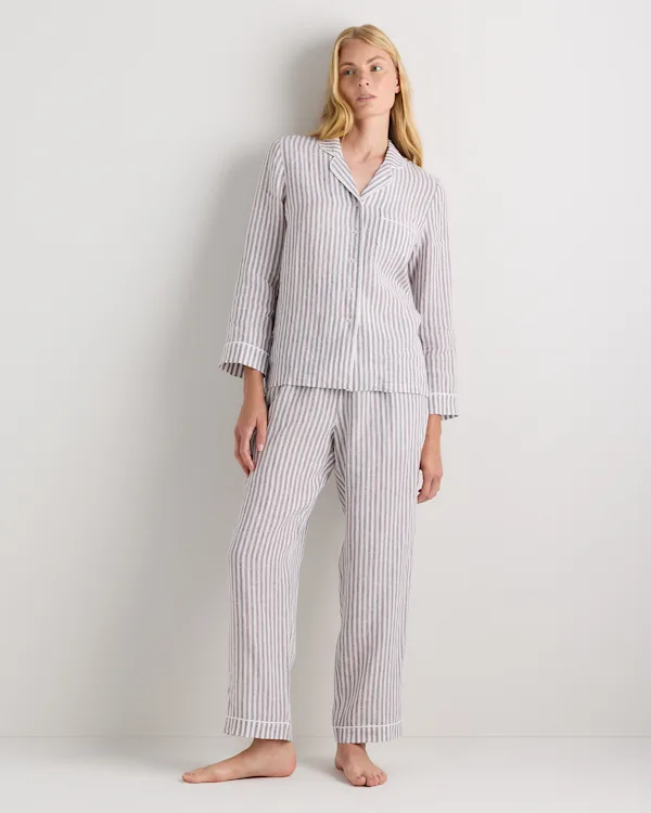 100% European Linen Long Sleeve Pajama Set with Piping