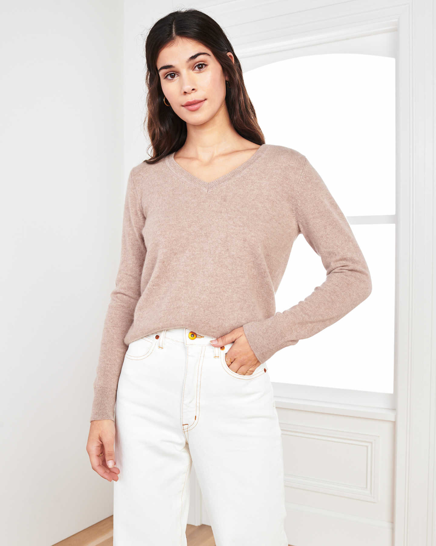 oatmeal cashmere v-neck sweater women standing
