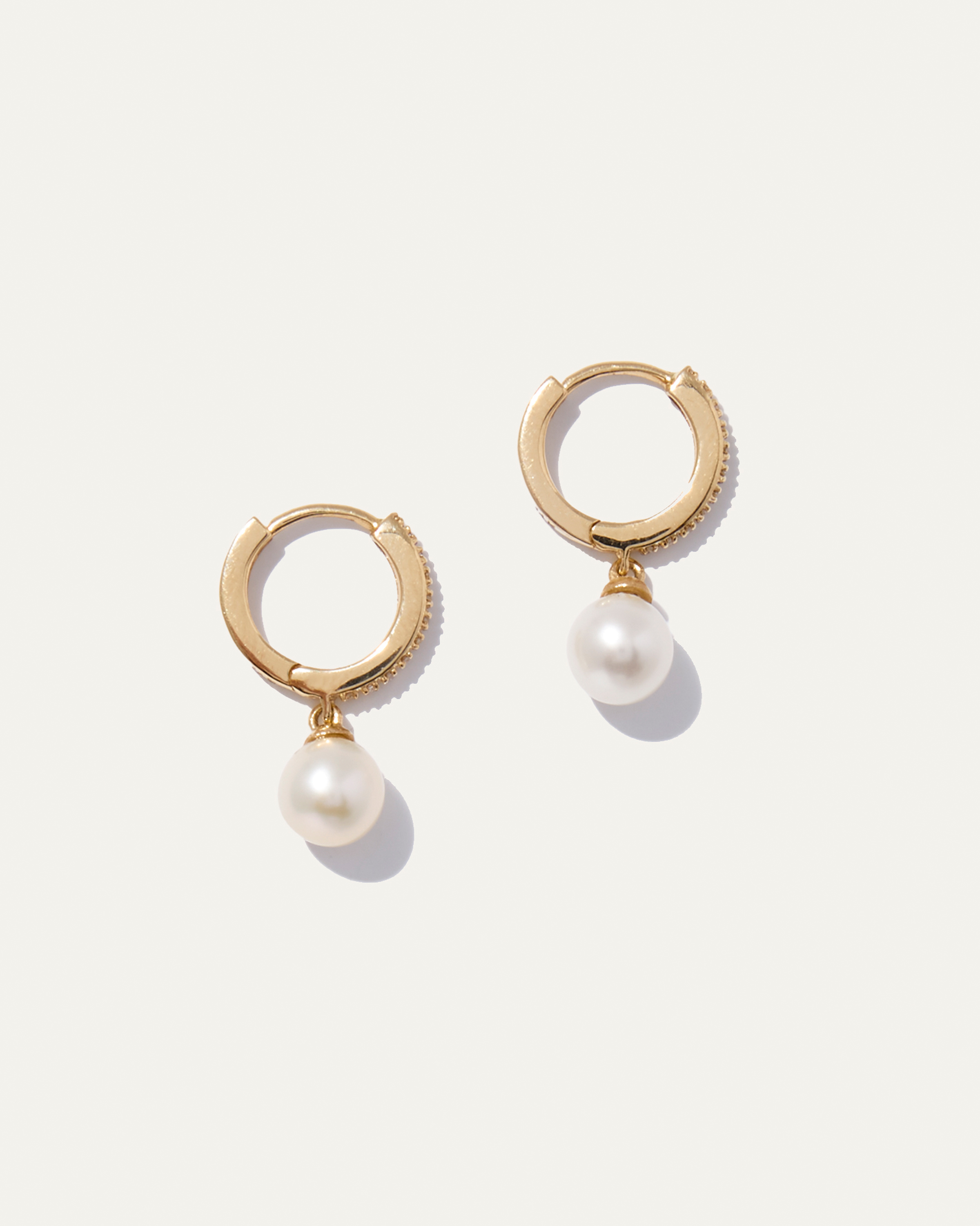 14K Gold Pave Diamond Hoop Pearl Drop Earrings