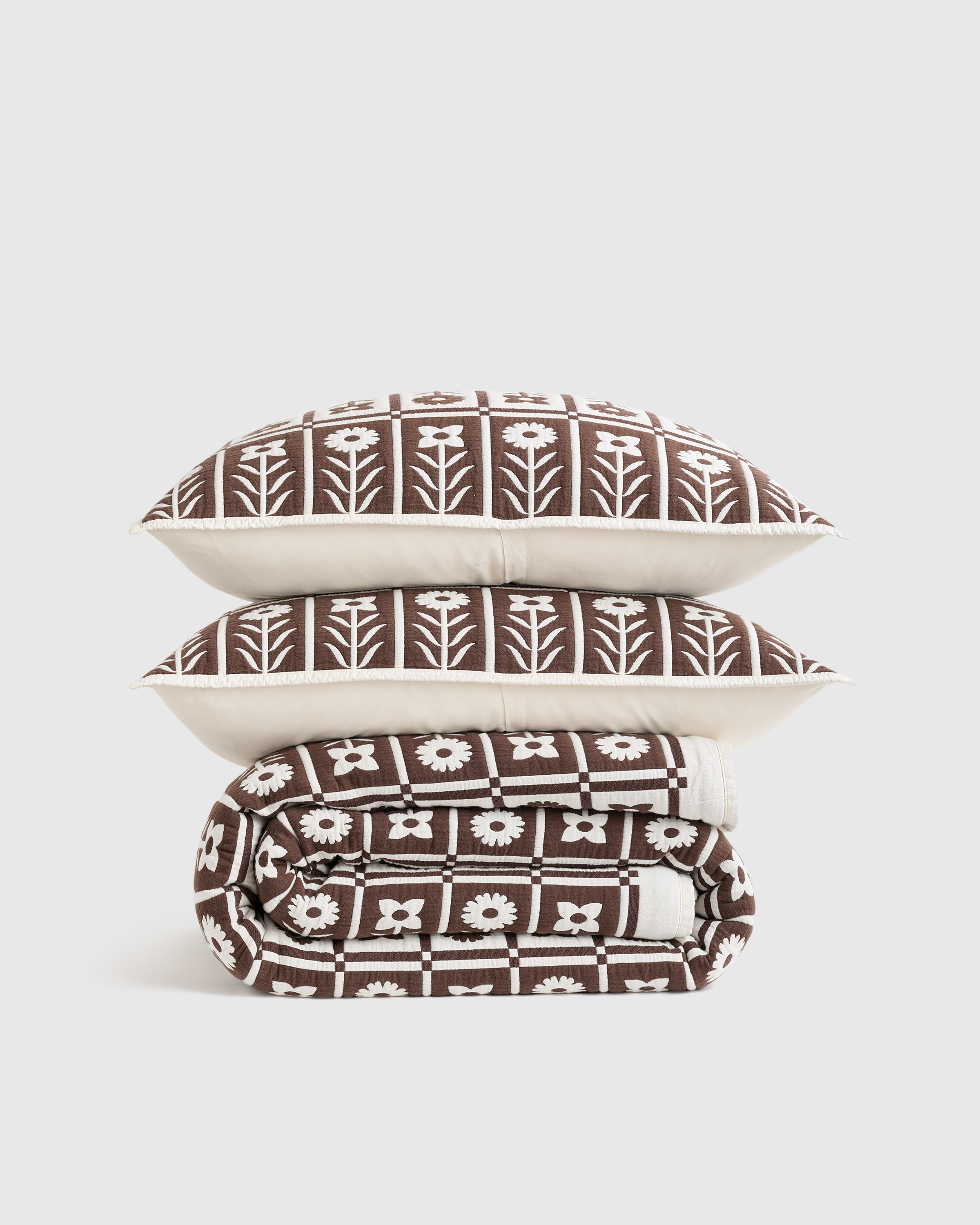 Organic Cotton Jacquard Floral Coverlet Set - Espresso, King/Cal King