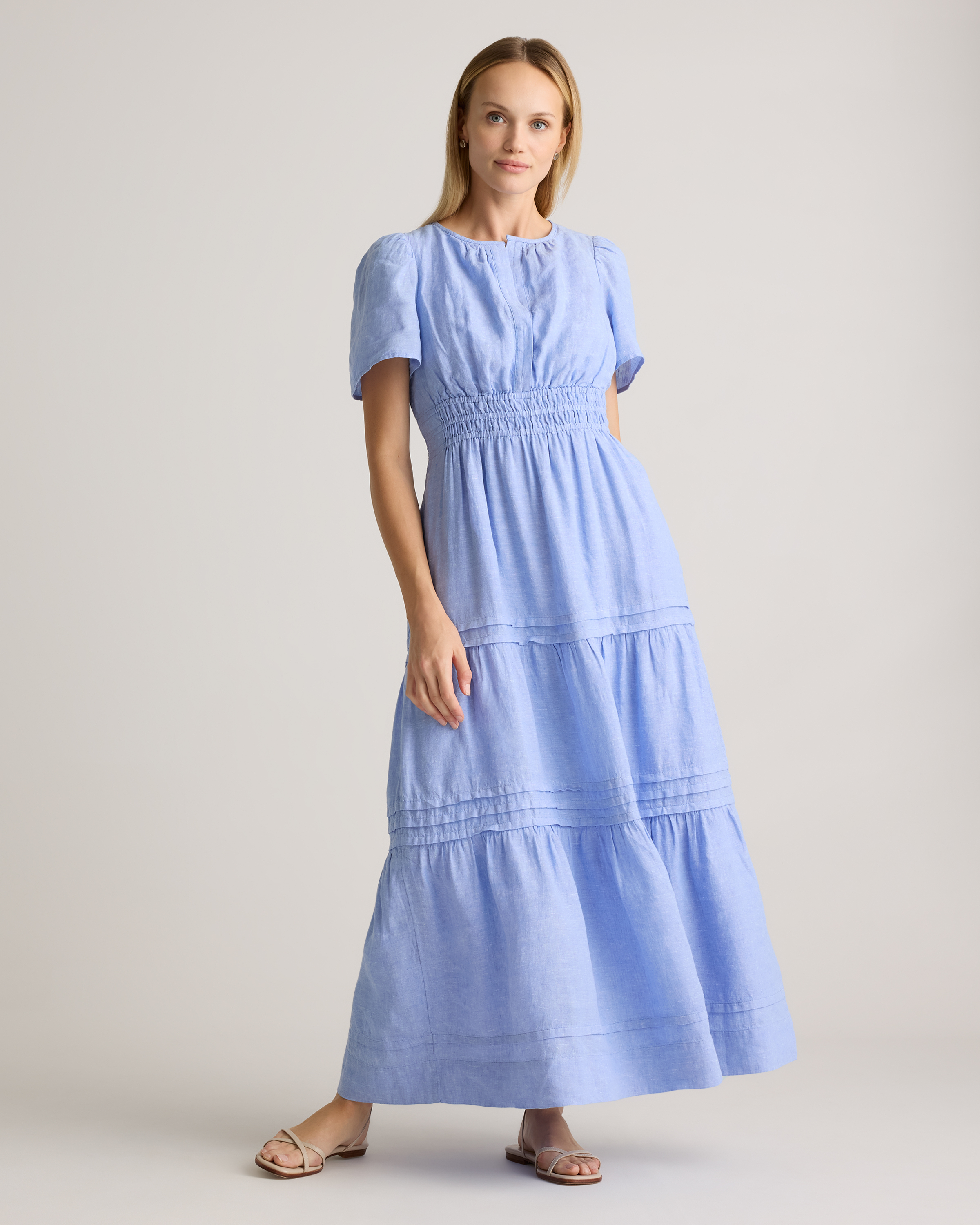 100% European Linen Tiered Maxi Dress in Deep Navy