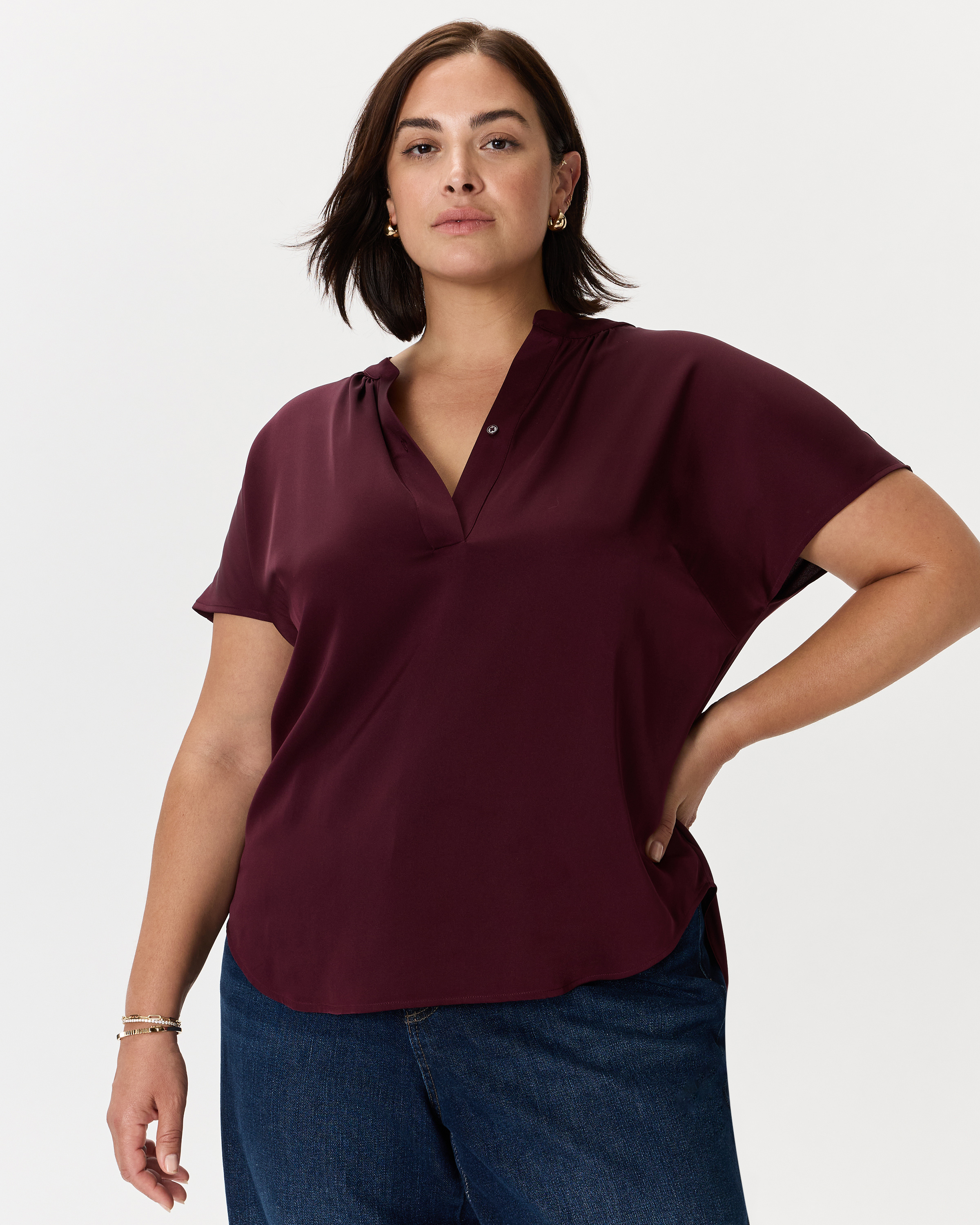 Washable Stretch Silk Dolman Sleeve Blouse - Plus Size in Wine Tasting Red