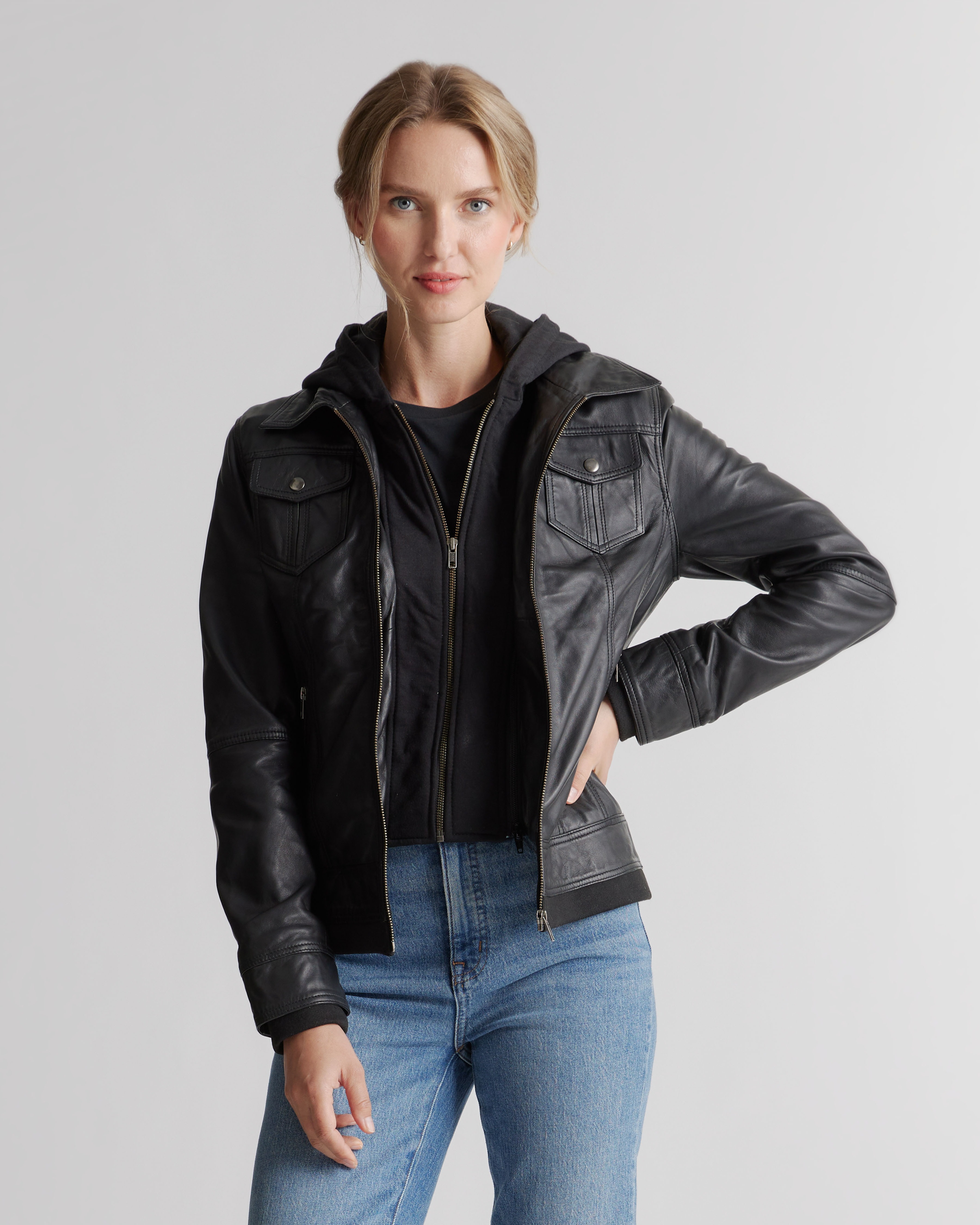 Womens leather jacket 2025 with hoodie inside