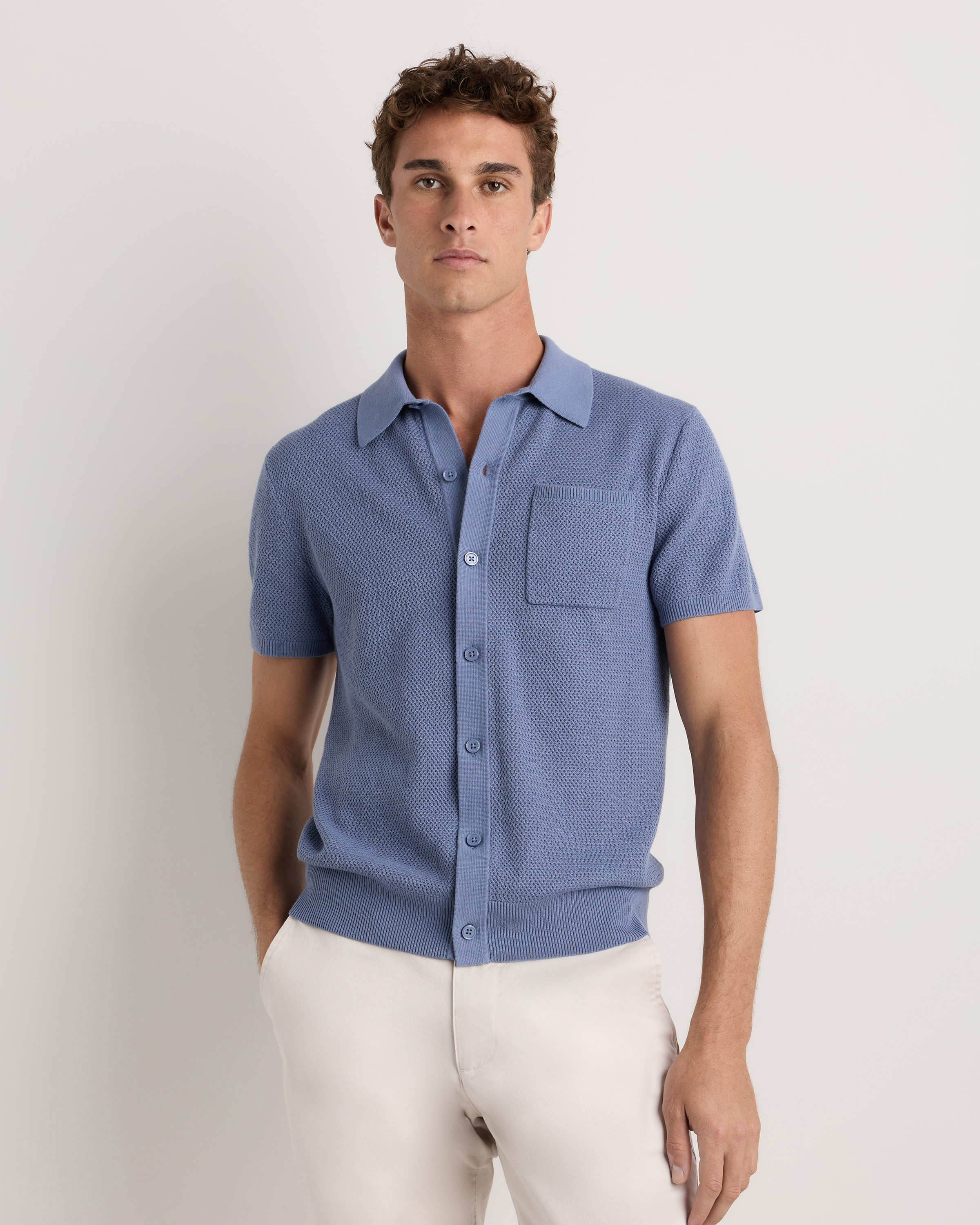 100% Organic Cotton Mesh-Stitch Button-Up Sweater Polo