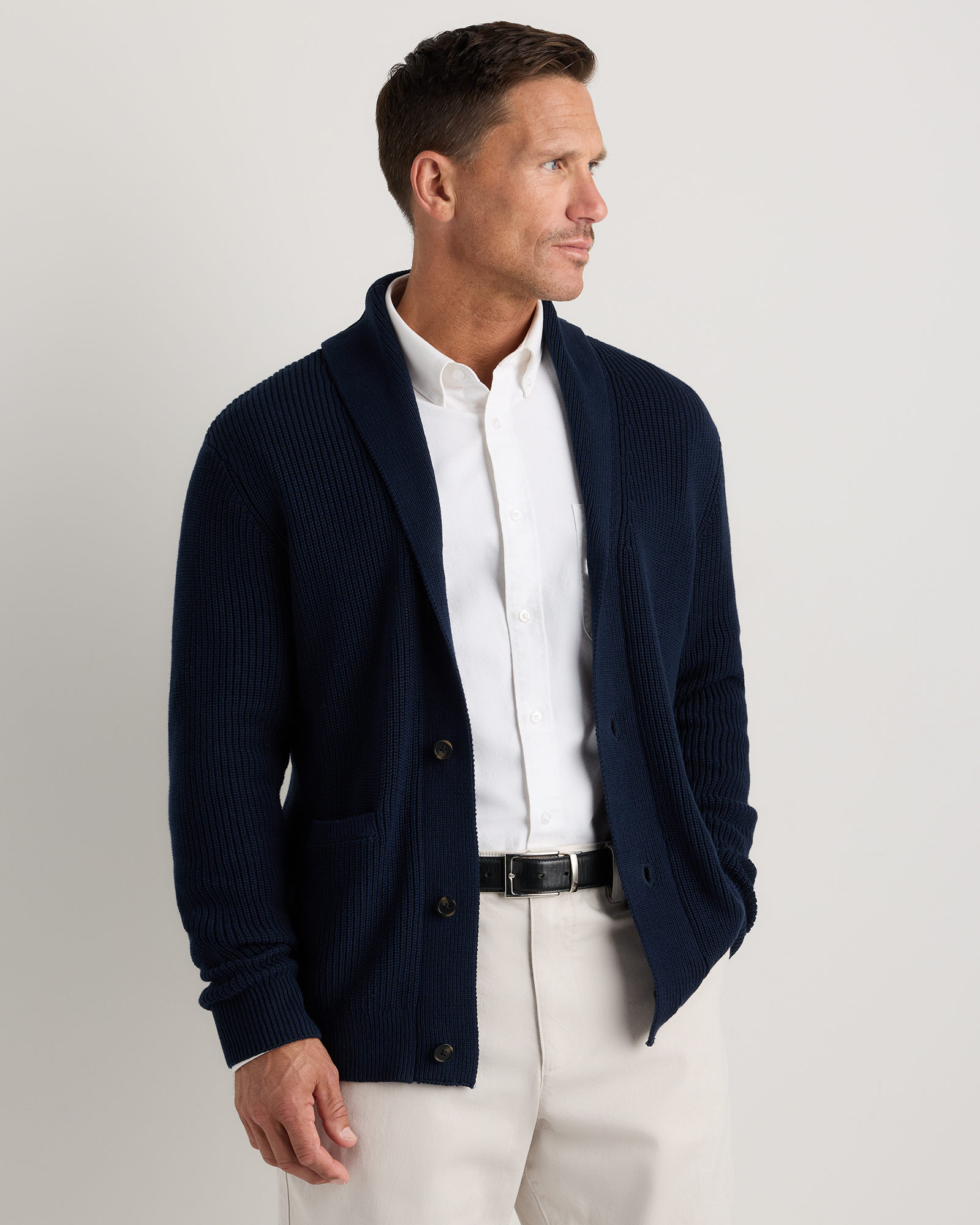 100% Organic Cotton Ribbed Shawl-Collar Cardigan Sweater