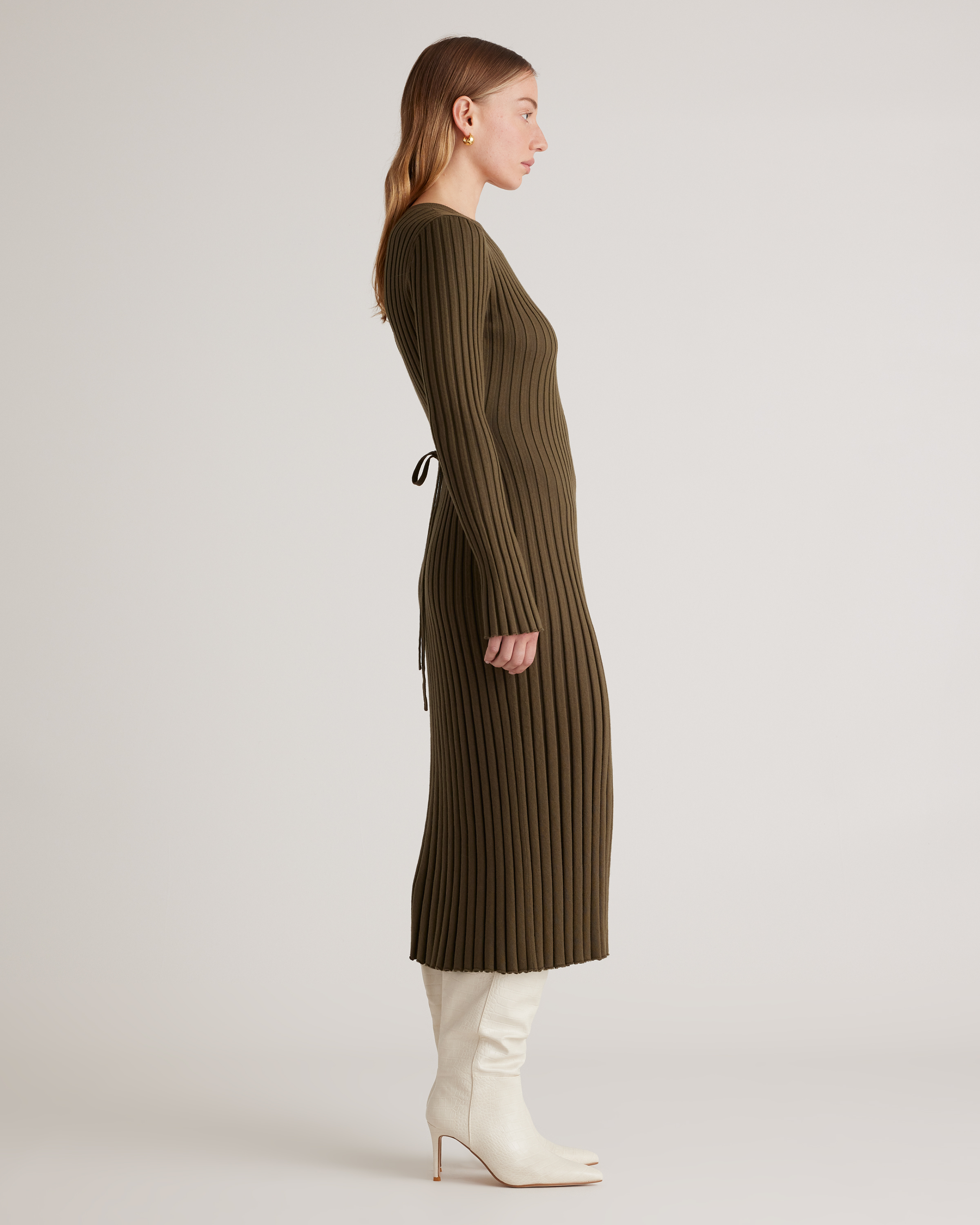 quince cotton cashmere ribbed long sleeve crew midi dress Cotton Cashmere Ribbed Long Sleeve V-Neck Midi Dress in Olive