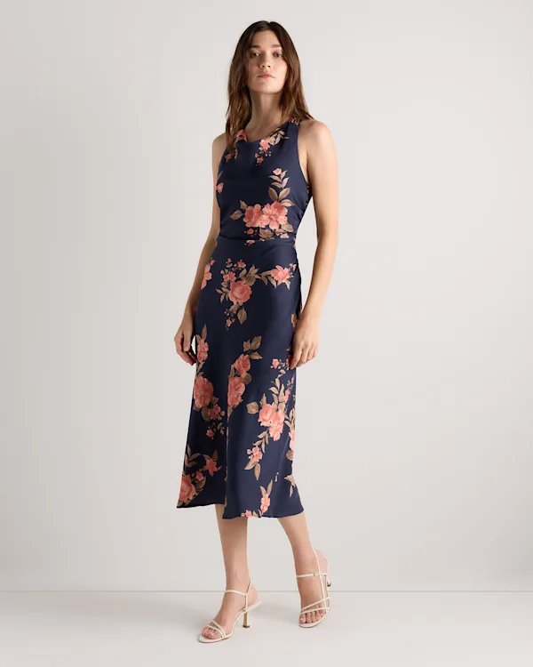 Washable Stretch Silk High Neck Midi Dress