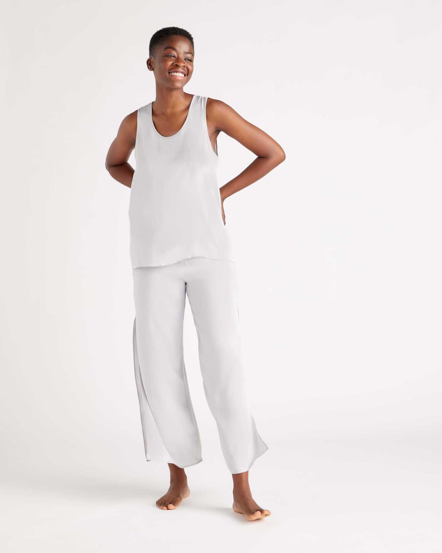 100% Washable Silk Tank & Pants Pajama Set - Light Grey