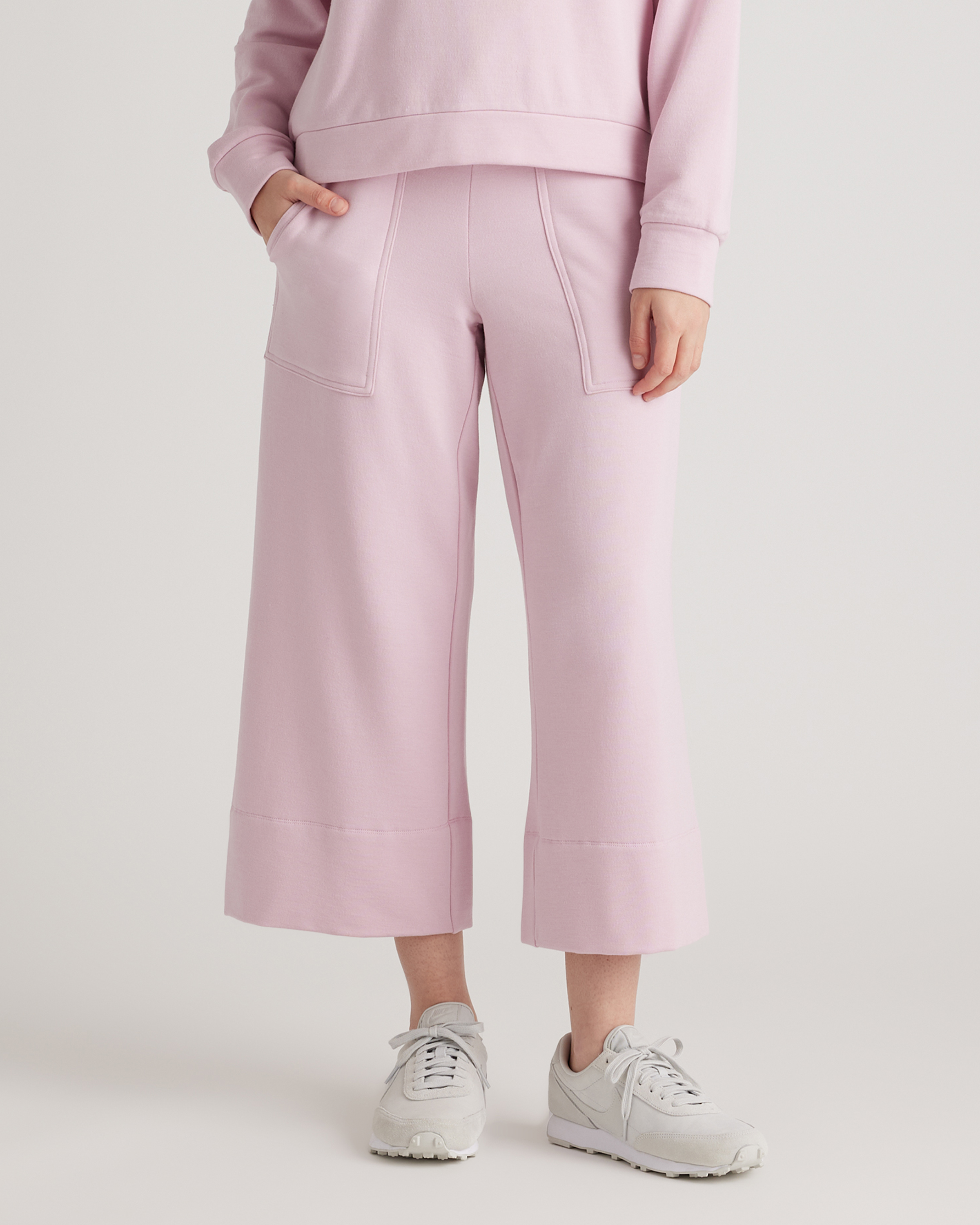 Quince Women's Supersoft Fleece Cropped Wide Leg Pants In Petal Pink
