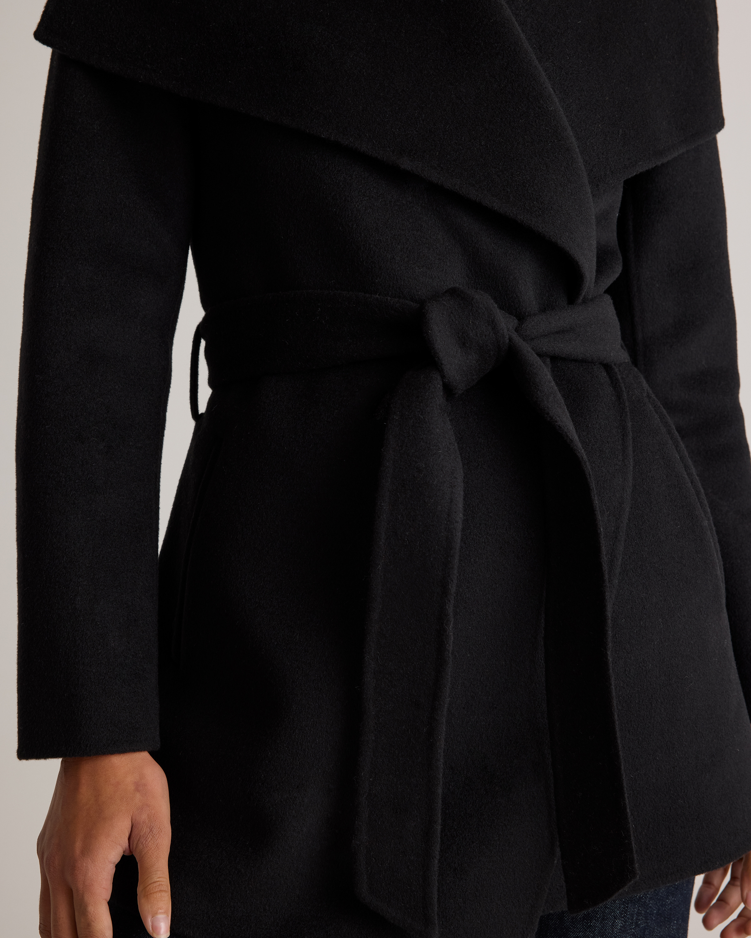 Double-Faced Merino Wool Draped Collar Short Wrap Coat in Black